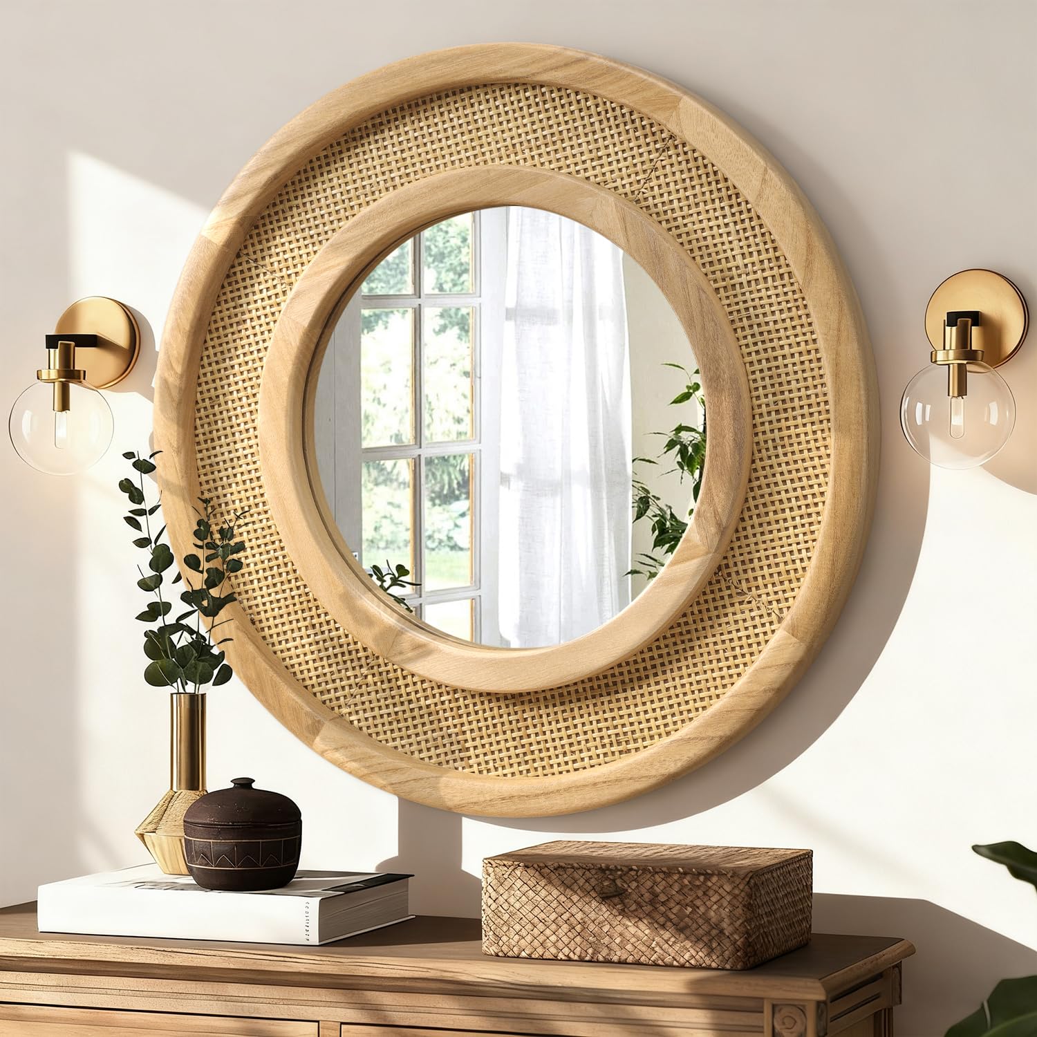 JJUUYOU Wooden Mirror Circle Mirrors for Wall 20 Inch Circular Hanging Mirrors with Wood Frame for Living Room Bathroom Vanity Entryway Hallway