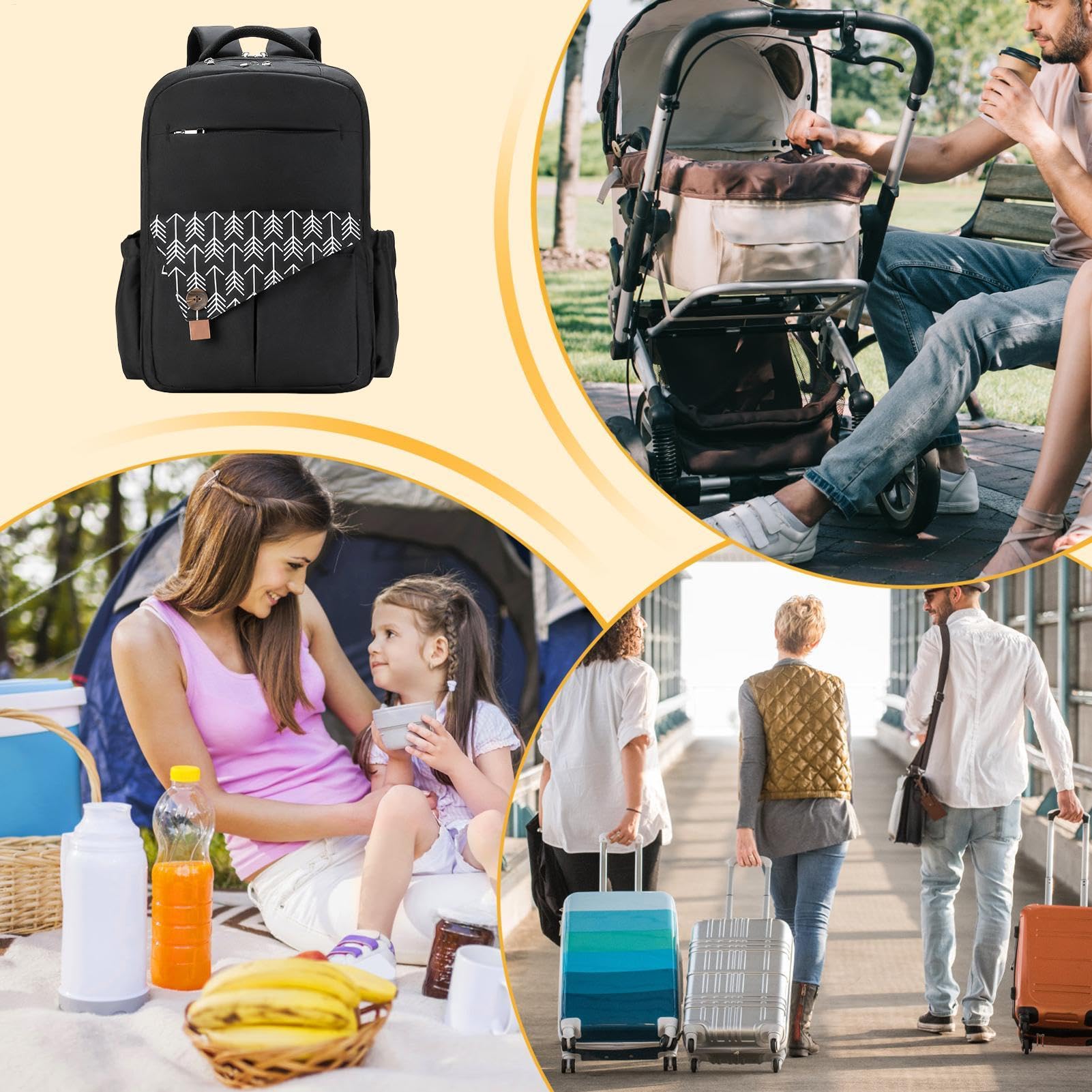 Borsa per pannolini per passeggino, zaino per pannolini a doppio strato per donne, borsa da passeggino di grande capacità, borsa da viaggio impermeabile con porta di ricarica, borsa multifunzione per