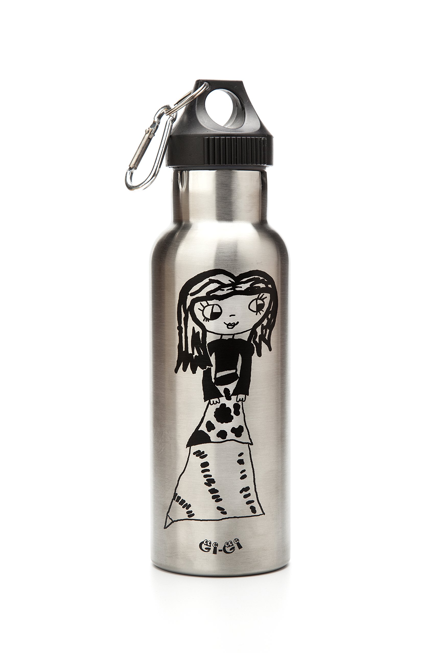 Gi-Gi the Ghost silver water bottle for kids. Double walled vacuum insulated stainless steel water drinking bottle. 500ml, 24 hours cold or 12 hours hot. Unique design. BPA free and dishwasher safe.