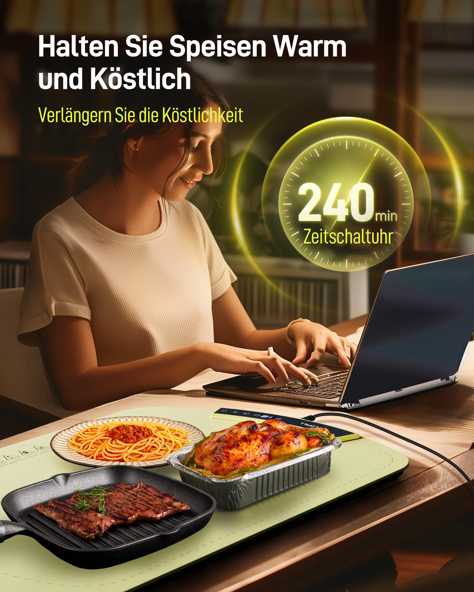 Warmhalteplatte Elektrisch - Faltbare Speisenwärmer 40-110℃ Einstellbare, Schnelle Heizung in 5S, 15mm Verbrühungsschutz, für Speisen Warm Halten, für Auftauen Buffet Server Party, Grün