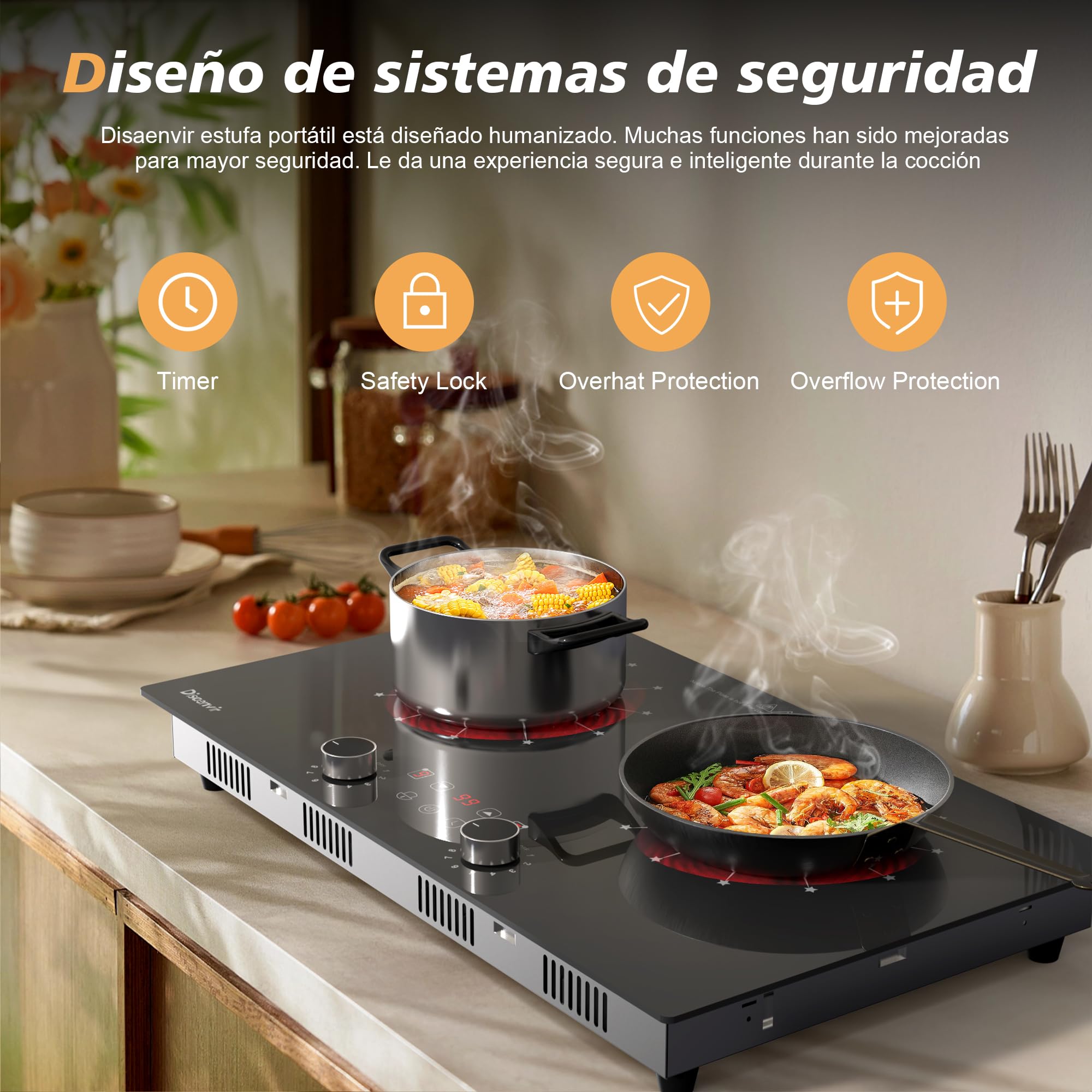 Placa Vitroceramica 2 Fuegos 30cm 3200W, Vitroceramica Induccion con Enchufe de 230v, Placa Electrica Cocina con Perillas, 9 Puestos, Control Táctil, Temporizador, Timer, Cerradura Infantil