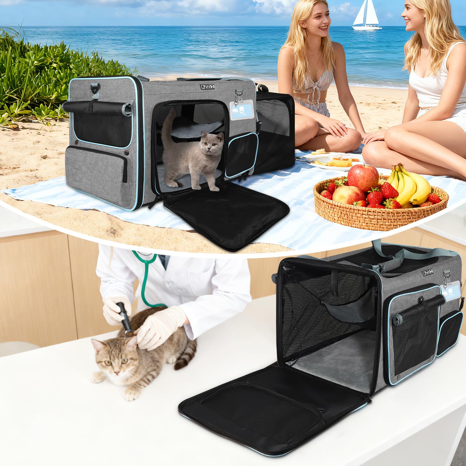 Petskd Side Expandable Extra Large Cat Car Carrier with Collapsible Litter Box for Long Distance Travel,24"x17"x17" Portable Soft Sided Pet Carrier with Roller Shades for 2 Cats Up to 55LBS(Grey) - image 8