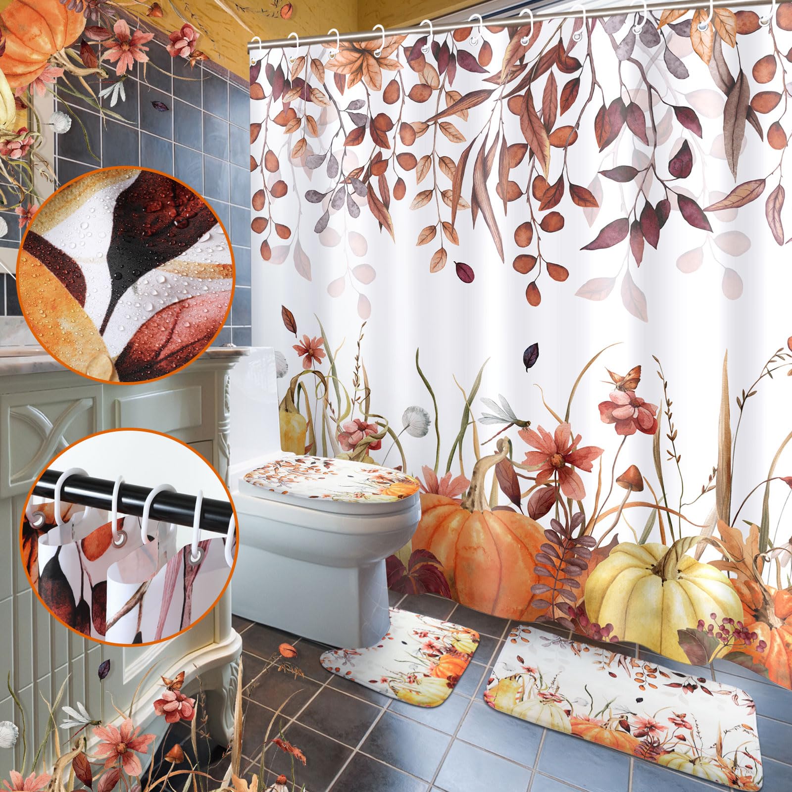 Juego de 7 cortinas de ducha de calabaza de otoño, juego de baño de calabaza vintage, juego de cortina de baño de Acción de Gracias, incluye toallas, alfombras antideslizantes, cubierta para 2