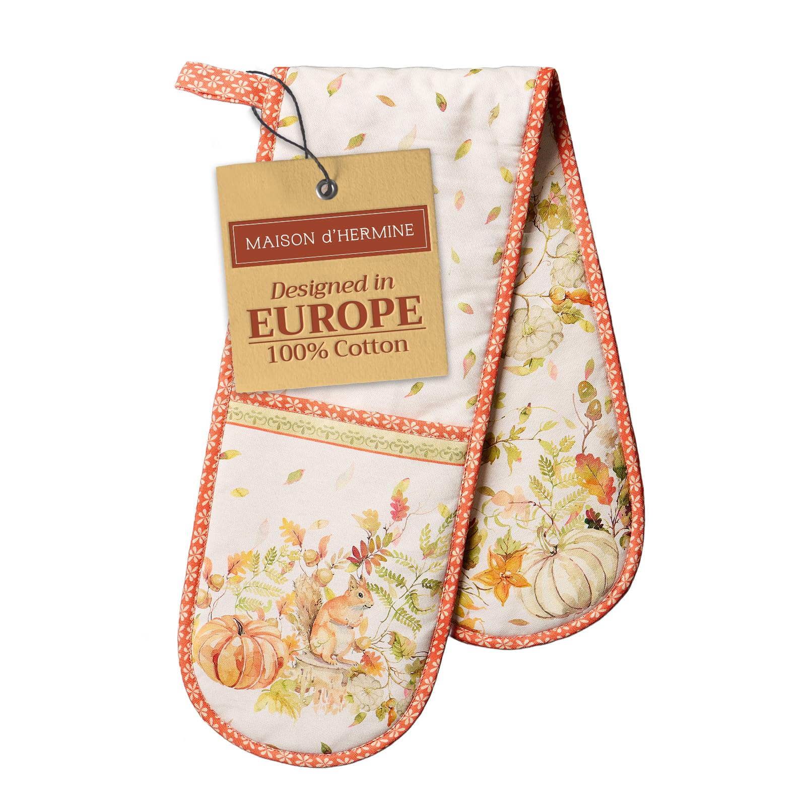 Maison D' Hermine 096 - Pumpkin Passion Double Oven Mitt (18 Cm X 89 Cm) 100% Cotton Heat Resistant Bbq Cooking Gloves With Loop For Christmas Decorations Baking Cooking Barbeque Handling Hot Pan (Pumpkin Passion)
