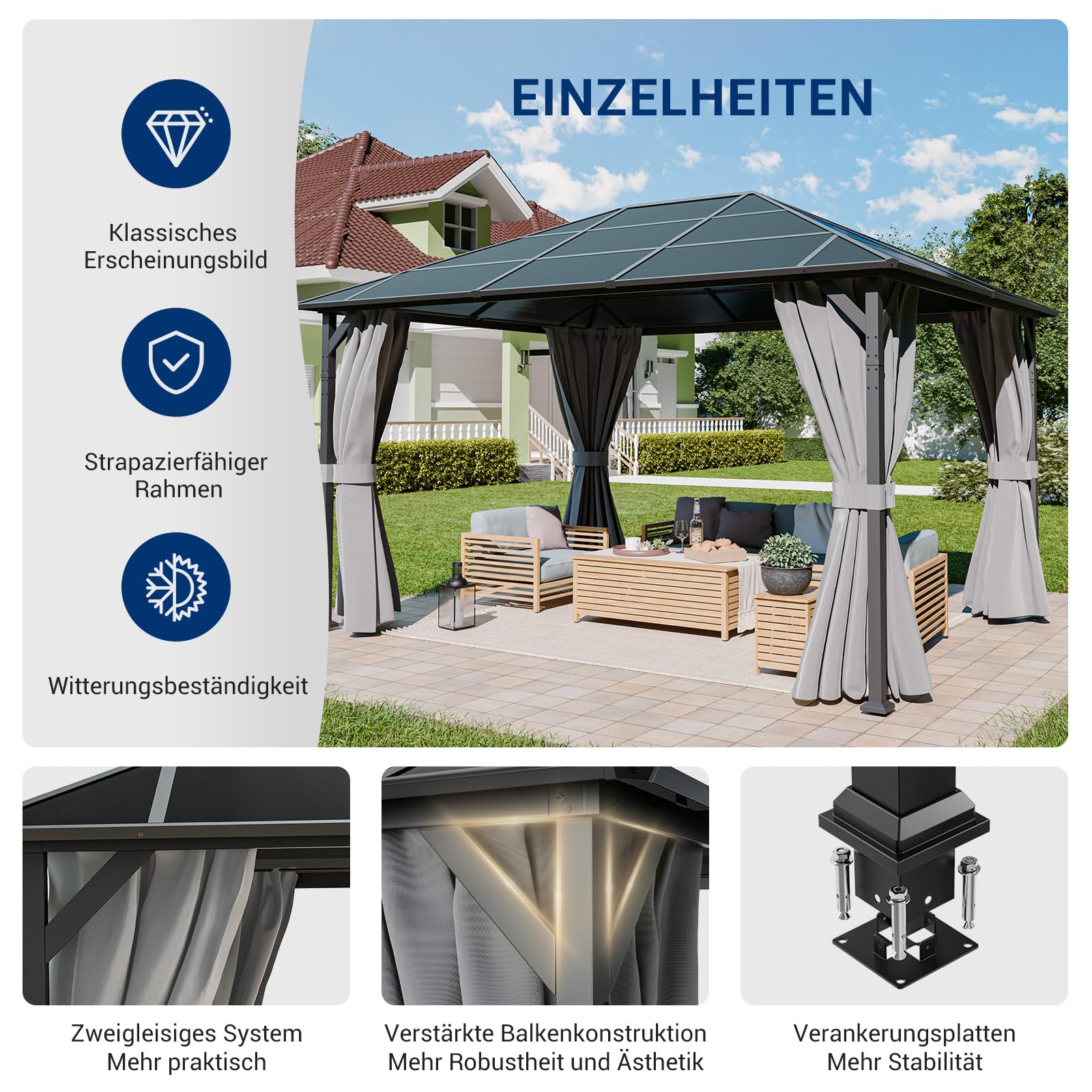 UDPATIO Carpa de policarbonato de 3 x 4 m con Cortinas, de Metall, Impermeable, Estable, Resistente al Invierno, protección UV, 6 x 6 cm, Postes Fuertes para jardín, terraza Gris