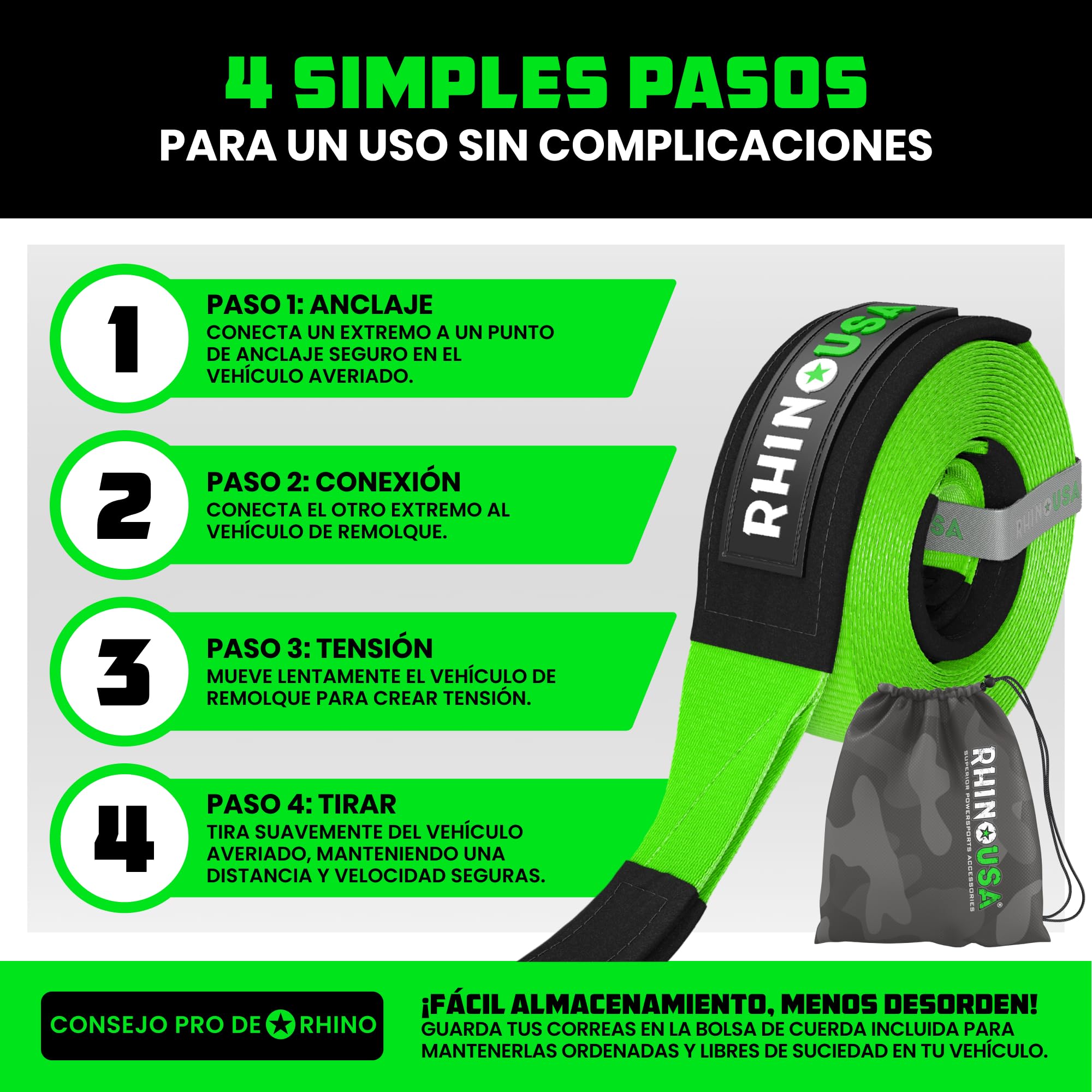Rhino USA Correa de Remolque (7,6cmX9,1m) - Resistencia a la Rotura de 13.600 kg - Cuerda de Recuperación de Emergencia para Camión, UTV, ATV - Recuperación Heavy Duty para Uso Todoterreno 4X4 - Verde
