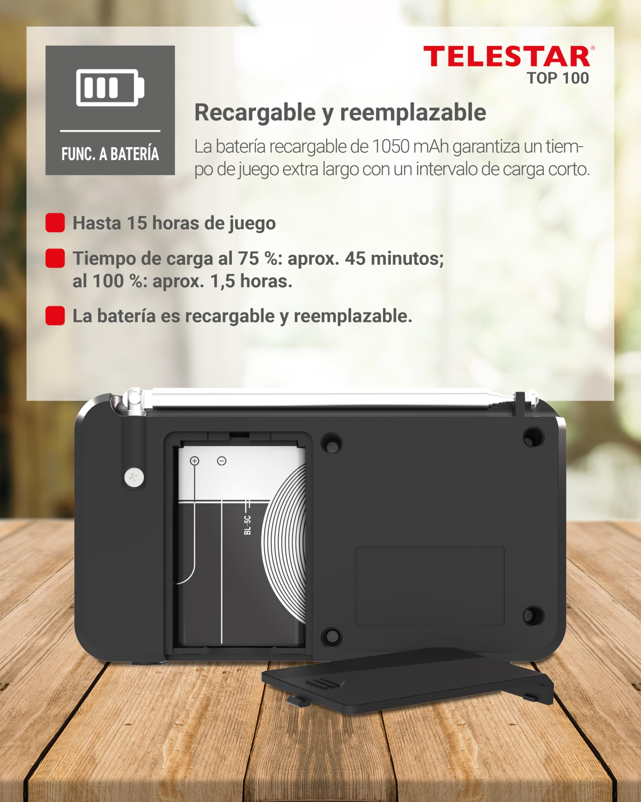 TELESTAR Top 100 – Radio portátil Dab+/FM con batería Recargable – Negro | Batería intercambiable, hasta 15 h de reproducción, carga rápida, audio Bluetooth y reproductor USB