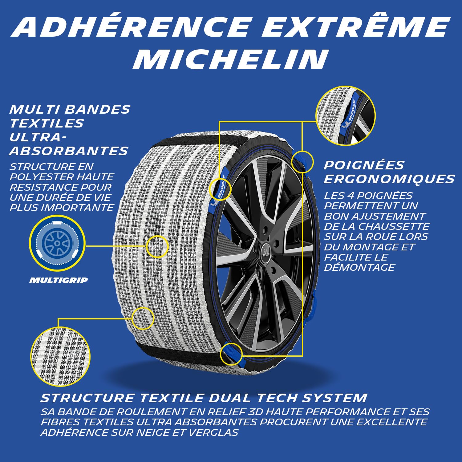MICHELIN SOS GRIP XTREM 3D Chaussettes à Neige Haute Performance-X9- Motricité et Adhérence 3D Exceptionnels sur Neige et Verglas - Durabilité Supérieure - Compatible Véhicules Électriques
