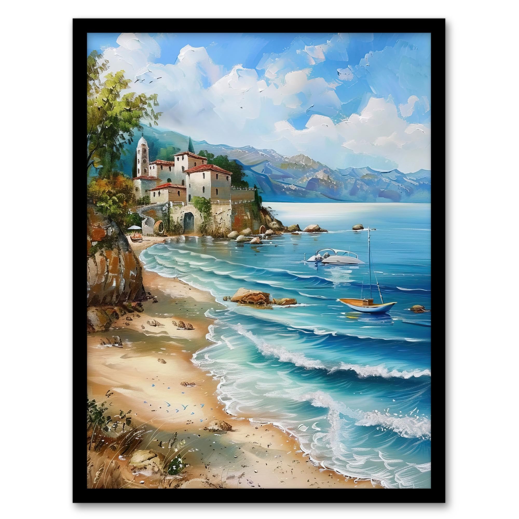 Artery8 Seaside Beach Scene Coastal Landscape Painting Living Room Bathroom Artwork Framed Wall Art Print A4