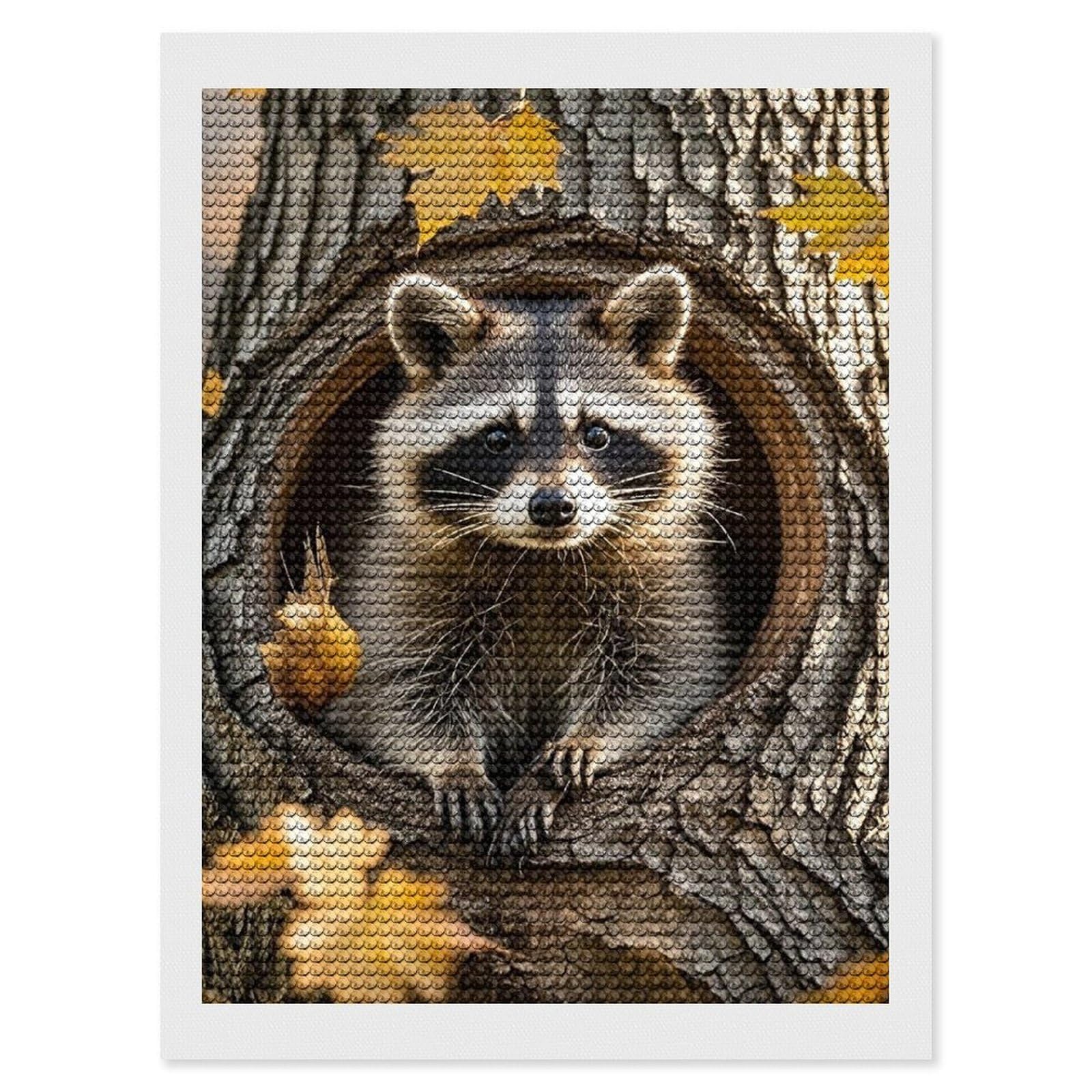 FekiLoot Raccoon Fall Tree Hole Diamond Art Kits for Adults, 5D Aurora Diamond Painting Kits for Beginners DIY Full Drill Dots Gem Art Paint Crafts for Home Wall Decor 12"x16"