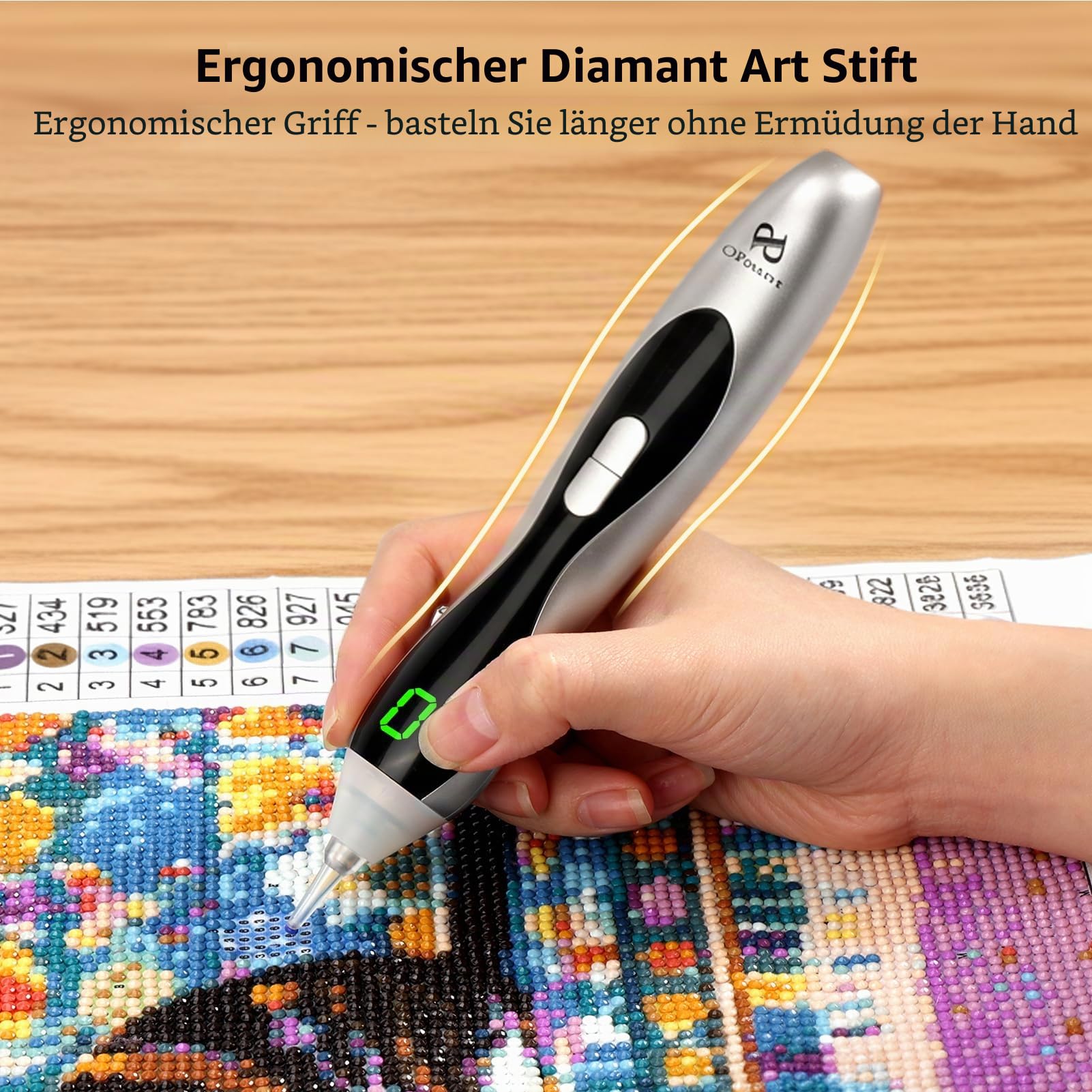 PP OPOUNT Elektrischer Diamond Painting Stift Silber mit LED Licht & Display, 3 Saugstufen, Kabellos & Wiederaufladbar, Leiser Vacuum Stift, Ergonomisches Diamond Painting Zubehör für Erwachsene