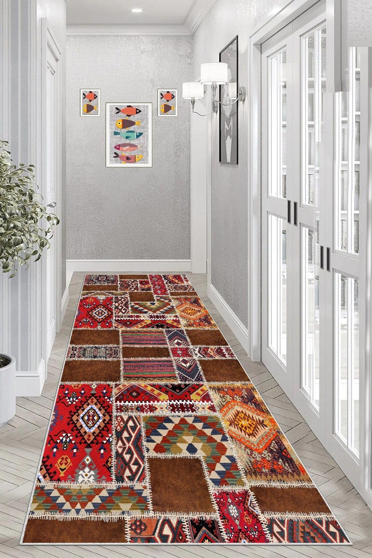 Pelangi Kilim Desenli Etnik Dijital Baskı Yıkanabilir Kaymaz Taban Modern Salon Halı ve Yolluk, Kırmızı 80 x 500, 95541126805007