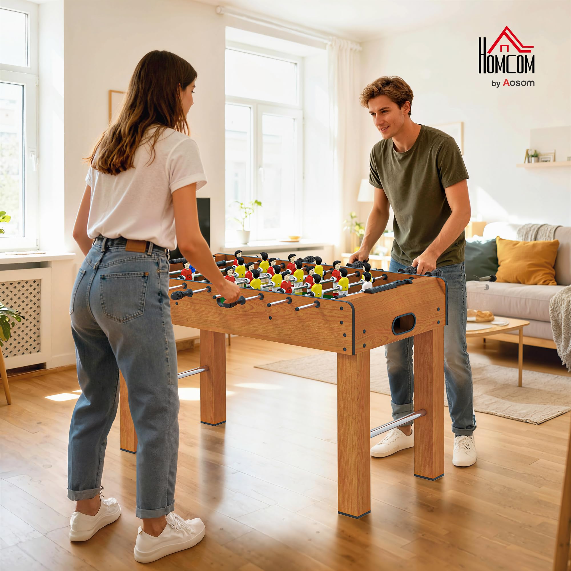 HOMCOM Futbolín de Madera Profesional para Niños y Adultos Mesa de Futbolín con 8 Barras y 2 Pelotas para Casa o Salas de Juego Fácil de Montar 122x61x80,7 cm Natural