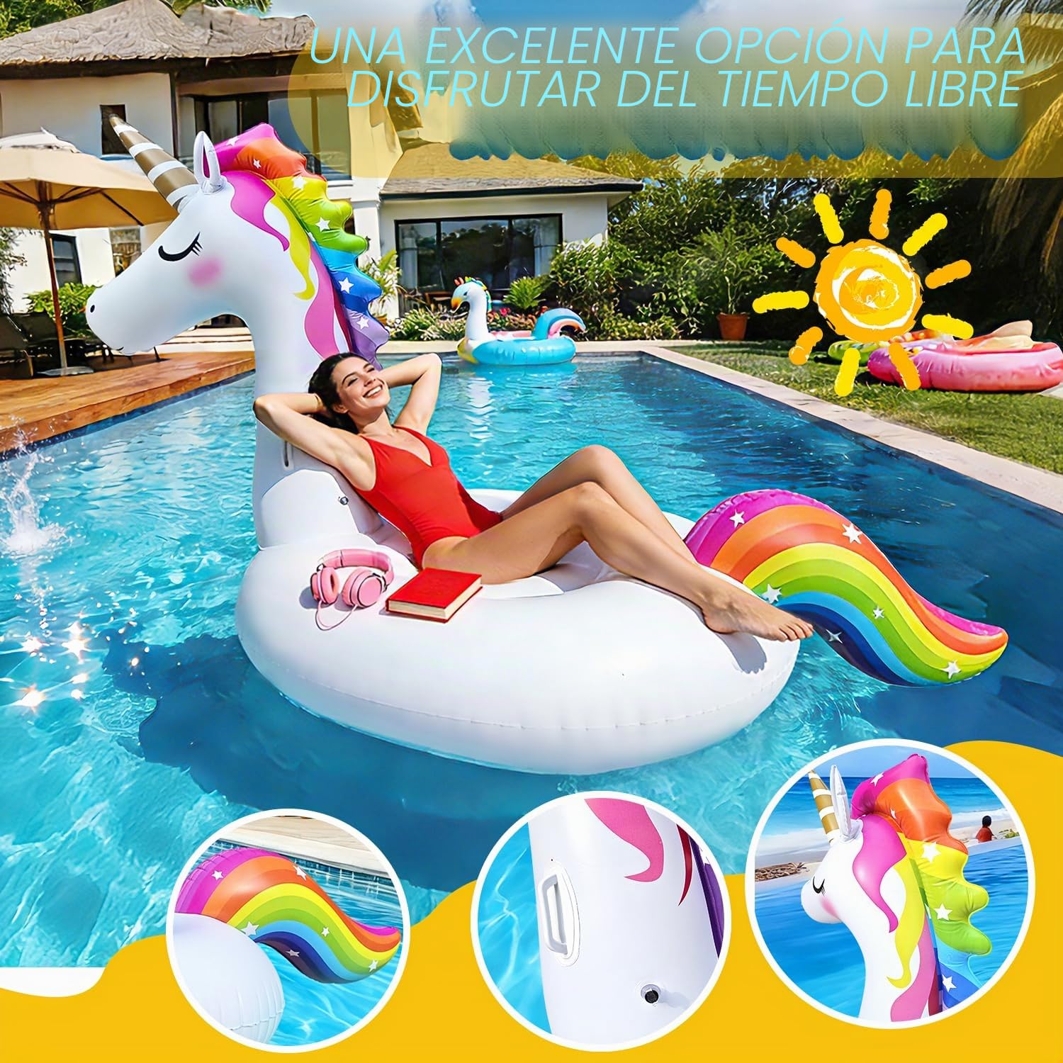 Enorme unicornio hinchable, 2,7 m x 1,4 m x 1,2 m, piscina, colchón hinchable, juguetes, unicornio, sillas para deportes acuáticos, diversión en la fiesta de playa de verano, asientos