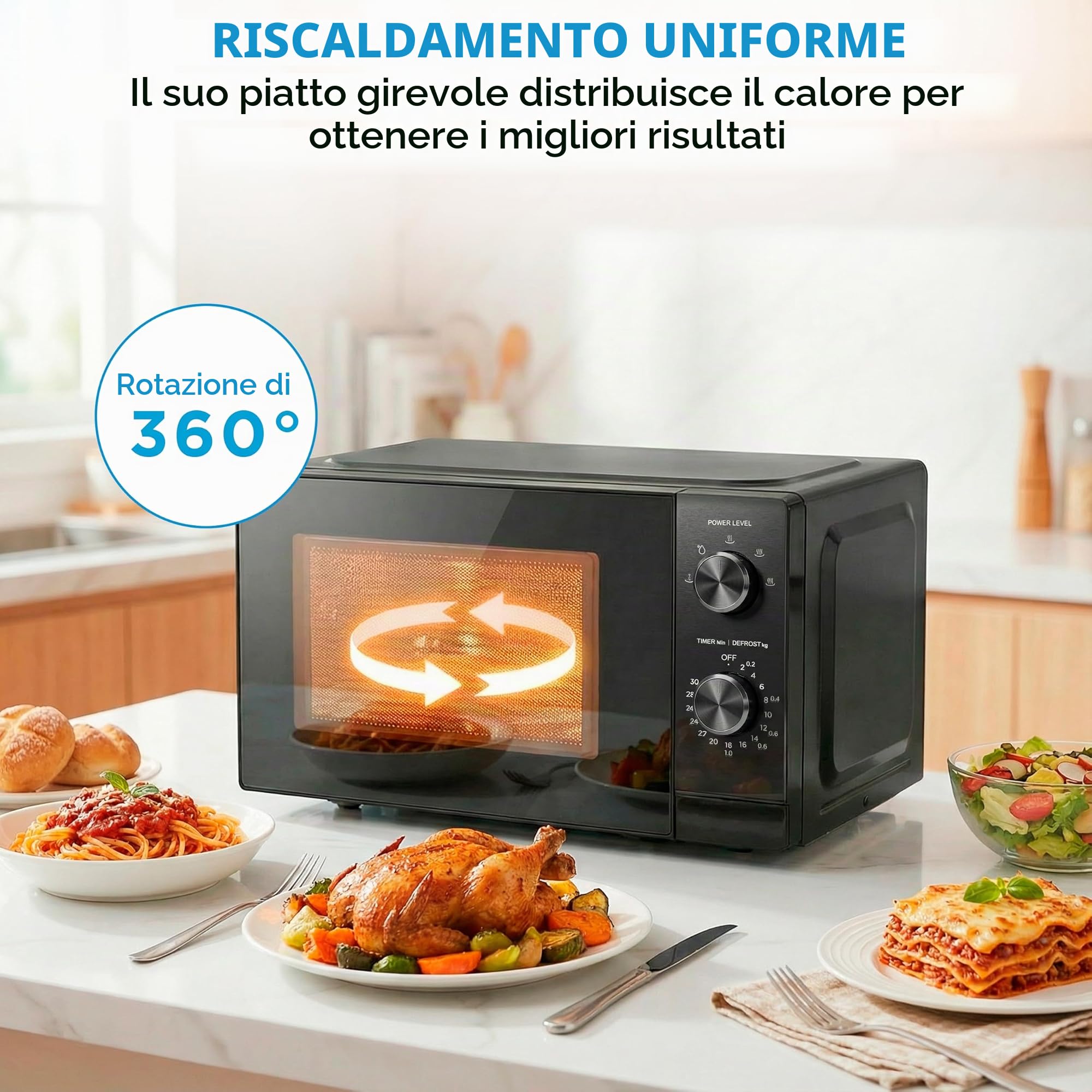 Midea Microonde da 20 litri e 700 W di potenza, forno a microonde nero da tavolo con piatto girevole, funzione scongelamento, 5 livelli di potenza, timer, forno a microonde senza grill