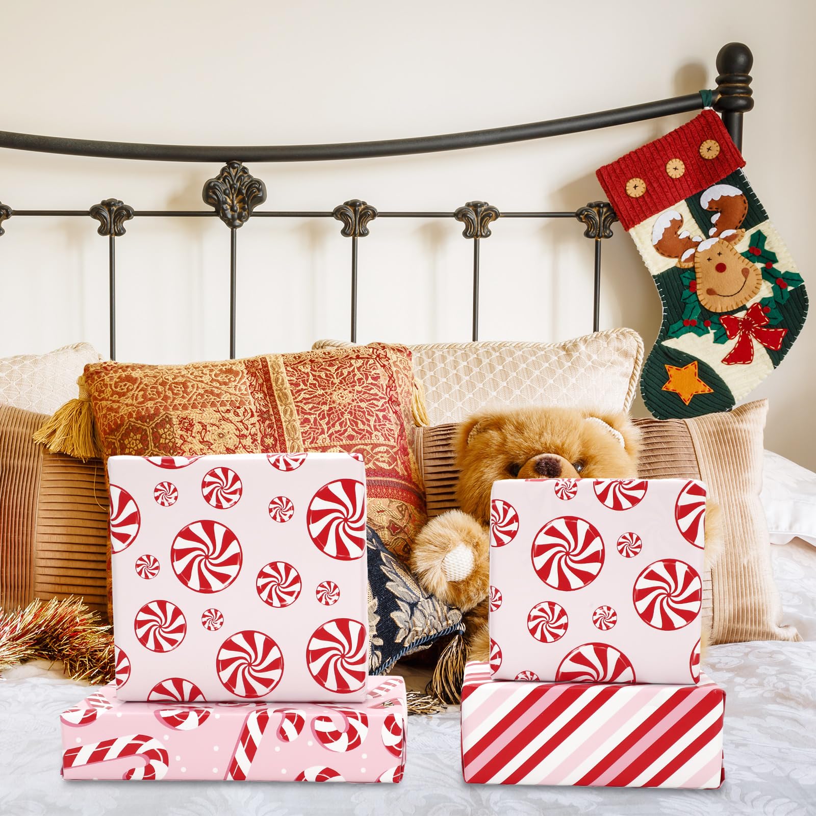 JarThenaAMCS Weihnachts-Geschenkpapier – Mini-Rolle – 43,2 cm x 5,2 m Zuckerstangen-Geschenkpapier, rot, rosa, dekoratives Kunstpapier für Weihnachten, Basteln, 3 Rollen