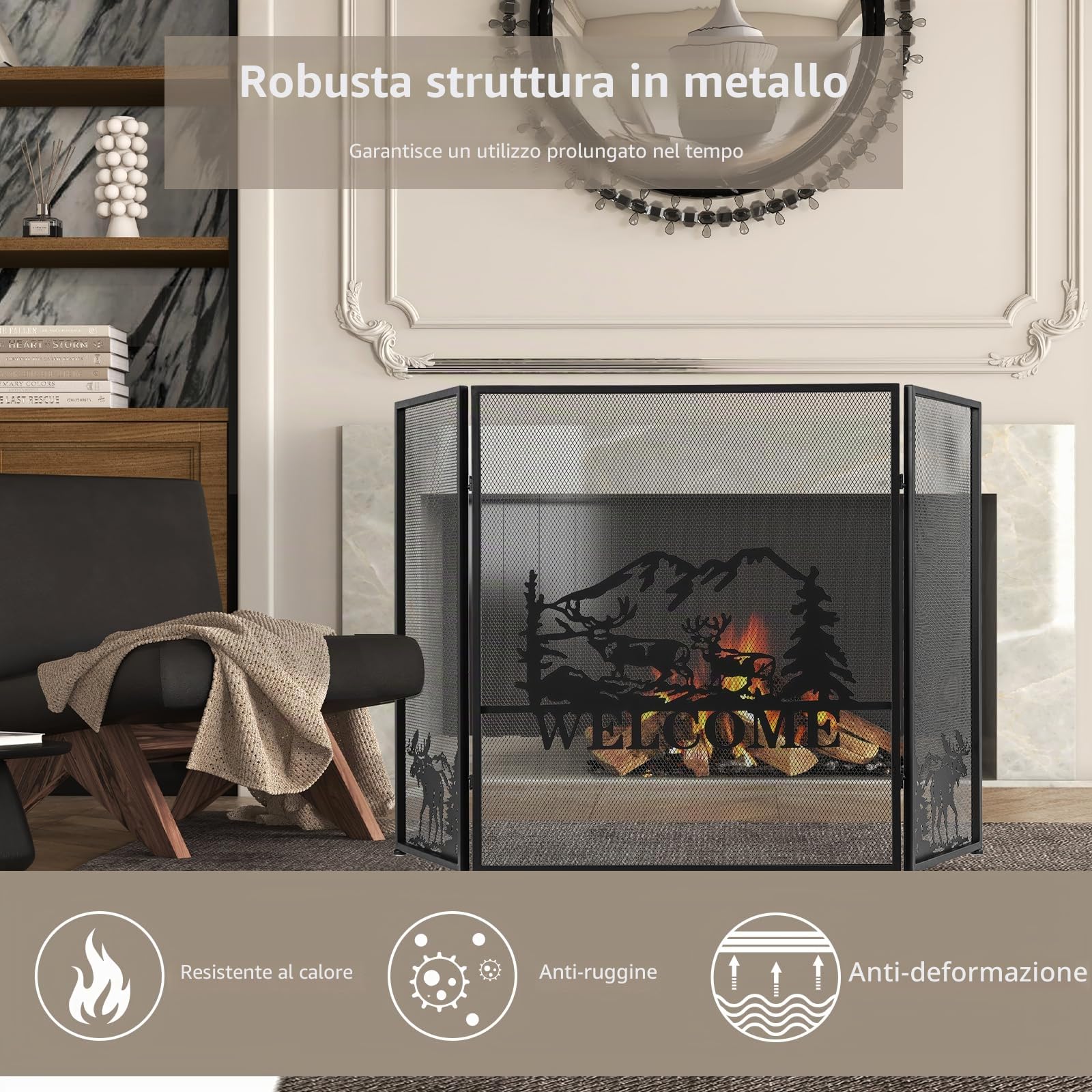 LIFEZEAL Griglia di protezione antincendio pieghevole in metallo, 3 pezzi, 132 x 79 cm, copertura parascintille per camino aperto, pannelli in ferro battuto, colore nero
