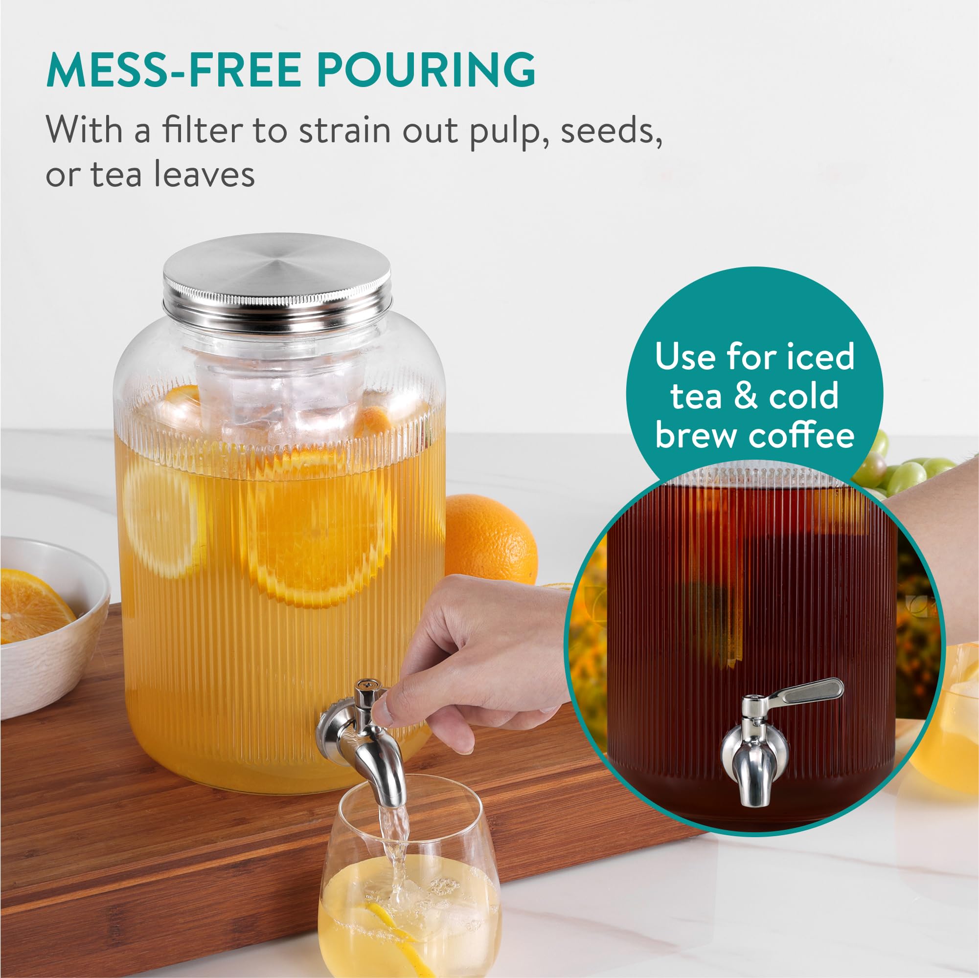 Navaris drankdispenser met kraantje 4 L - RVS tapkraan en deksel - Drank dispenser - Limonadetap met fruit infuser en ijsinzet - Geribbeld design Navaris drankdispenser met kraantje 4 L - RVS tapkraan en deksel - Drank dispenser - Limonadetap met fruit infuser en ijsinzet - Geribbeld design
