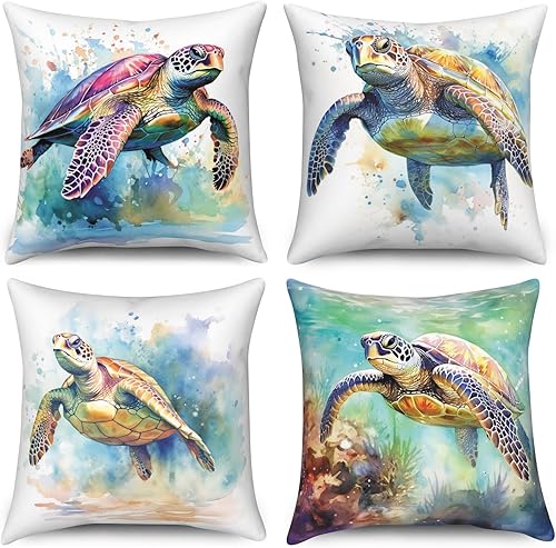 ChloropLastid Juego de 4 fundas de almohada de tortuga marina de 18 x 18 pulgadas, diseño de animales submarinos con acuarela, diseño náutico y