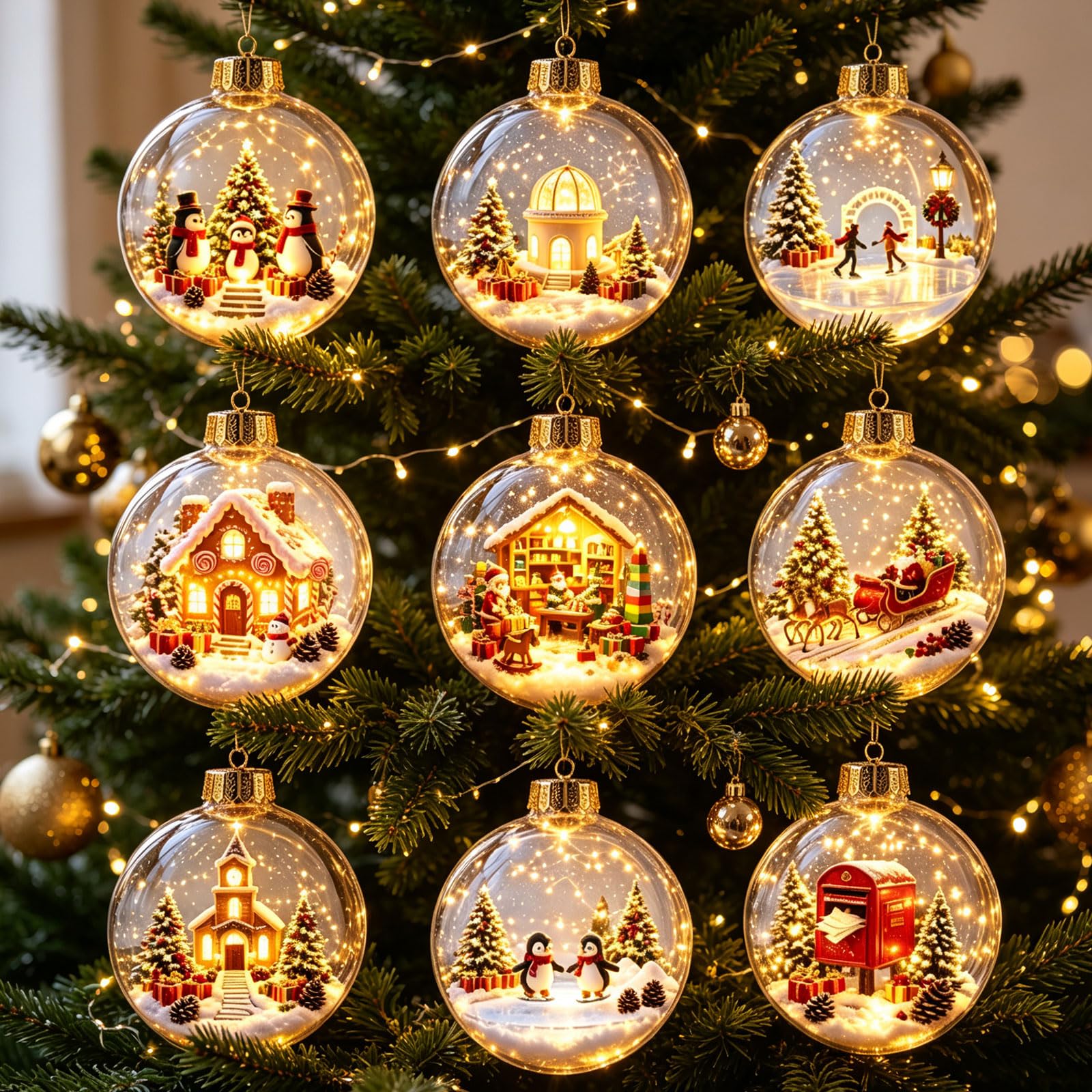 9pcs Glowing Christmas Story Ornament, Light-up Mini Holiday Scene
