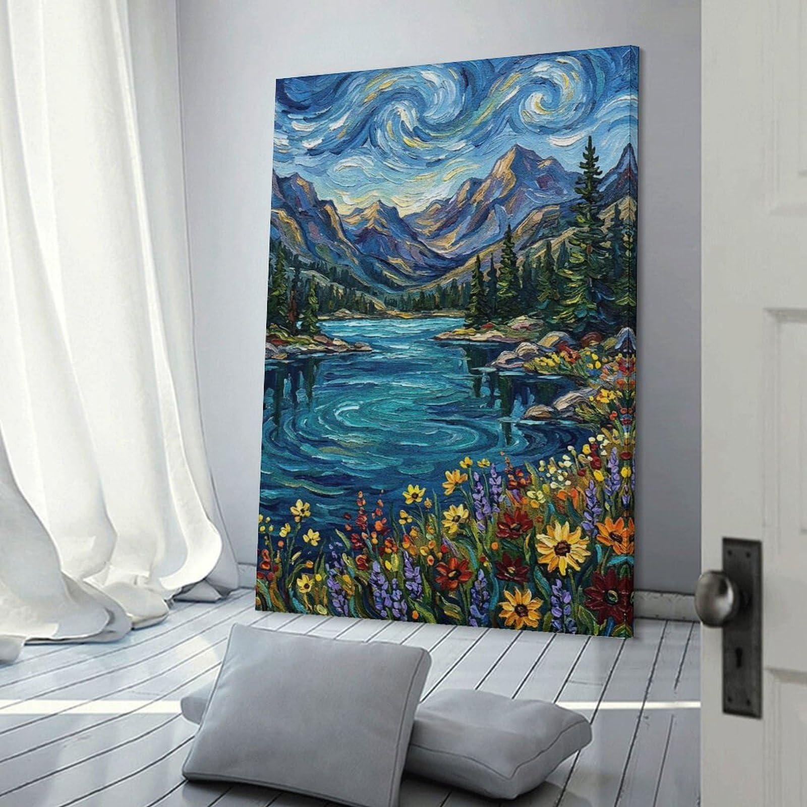 Junmoney Mountain Lake Impressionist Painting Wall Art Print, 08x12inch(20x30cm), for Study, Office Or Focused Interiors, Home Office Artwork with Decorative Appeal