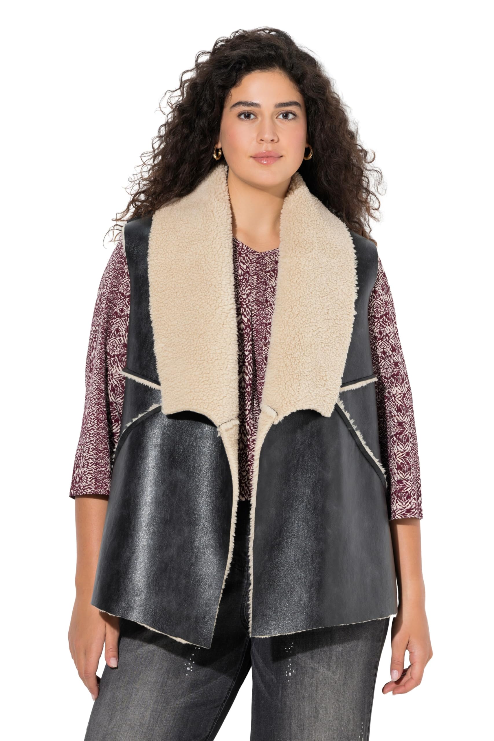 Ulla Popken Damen große Größen Übergrößen Plus Size Weste, Lederoptik, Tedyfutter, Spatenkragen, ärmellos 842236
