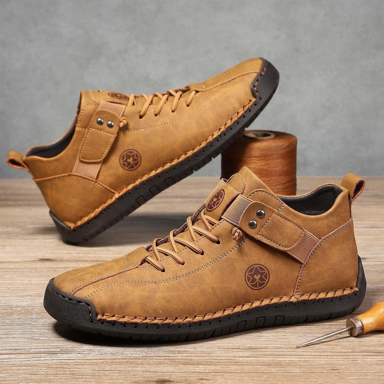 Męskie buty oksfordzkie sznurowane sztuczna skóra płaskie buty do chodzenia w stylu vintage z przeszyciami, Brązowy, 40 EU