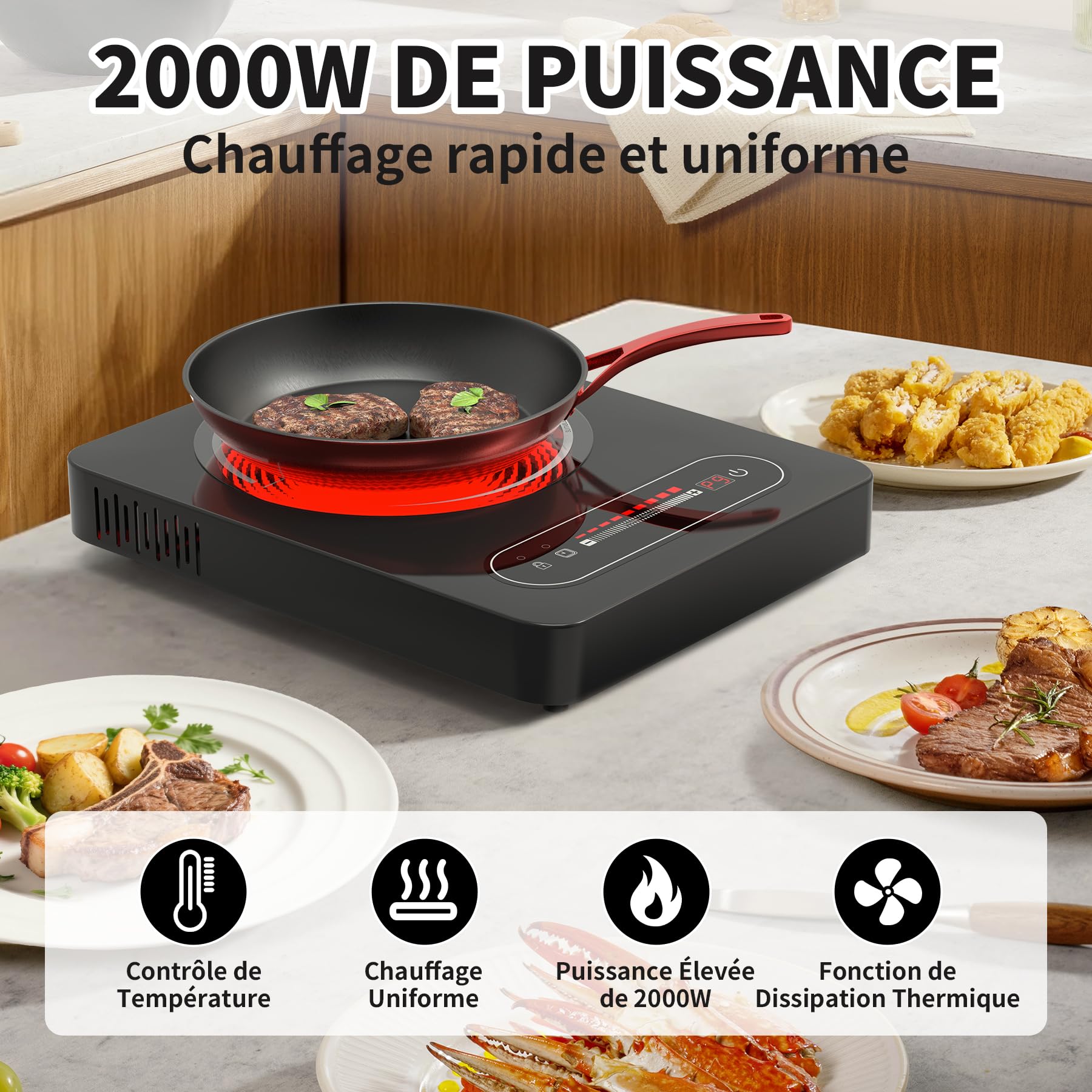 VBGK Plaque Vitrocéramique 1 Feu, 220V 2000W Plaques de Cuisson, Plaques Électrique avec Commande Tactile Led, 9 Niveaux de Puissance, Minuterie, Verrouillage de SéCurité, Geeignet für Alle Töpfe