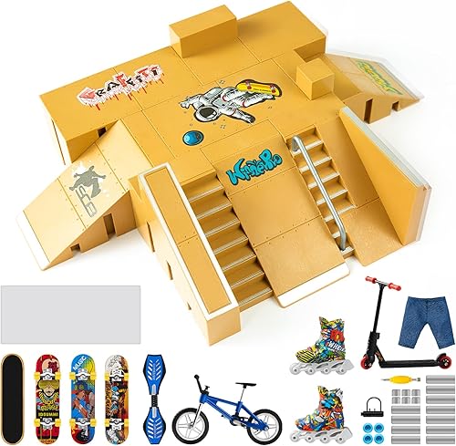 Juego de 20 rampas de patineta para dedos, kit de parque de patinaje para dedos, mini juego de juguete con diapasones, bicicleta, scooters, mini