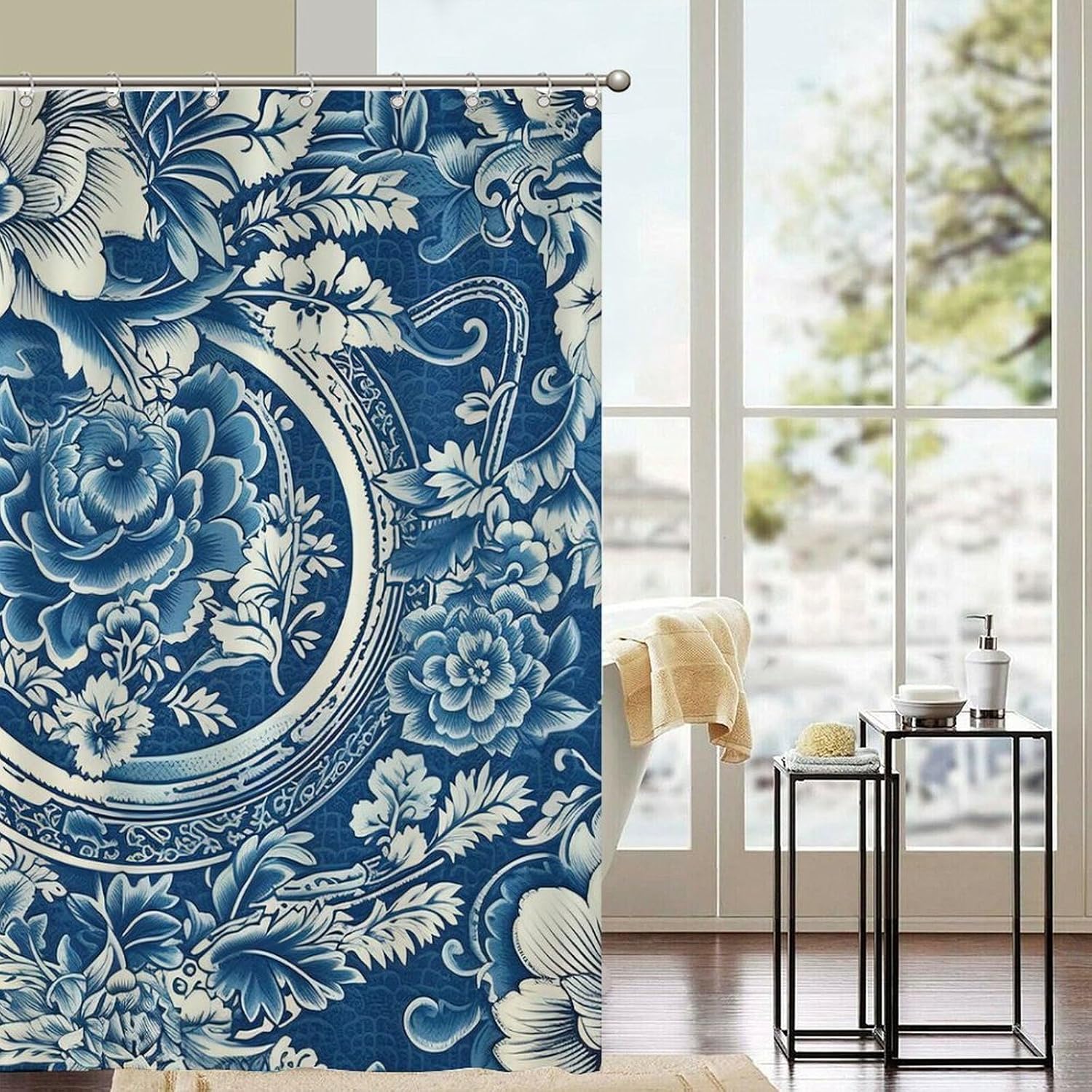 Chinese Style Chinoiserie Blue and White Porcelain Floral Waterproof Polyester Fabric Shower Curtain with Hooks 72x92in Shower Curtains Sets Bathroom Decor