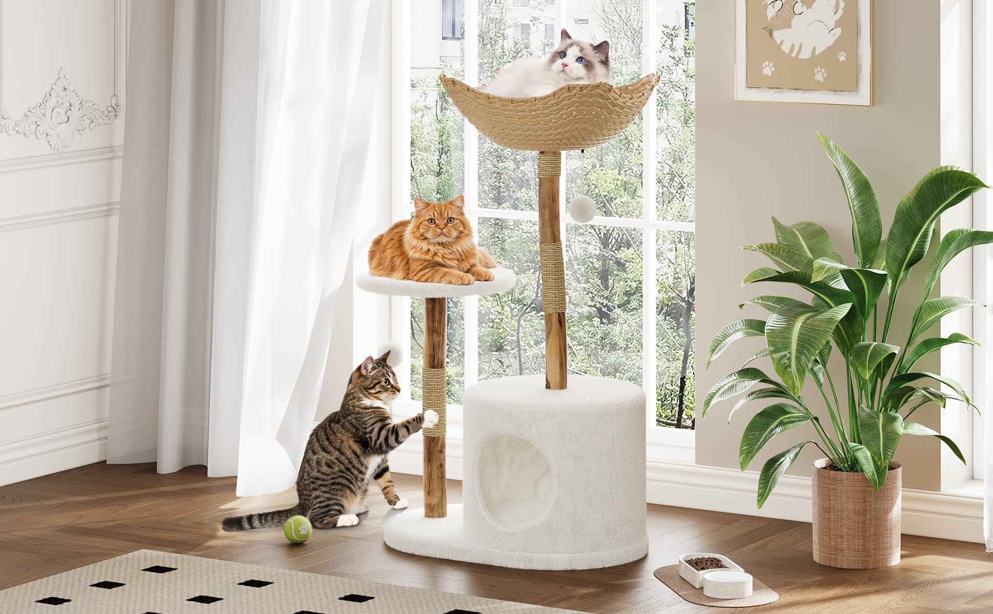Arbre à Chat en Bois Massif 117cm avec Paniers en Osier Spacieux, Griffoir Poteau Sisal Plateformes de Saut et Boule Pompon pour Plusieurs Chats Intérieur Salon Appartement
