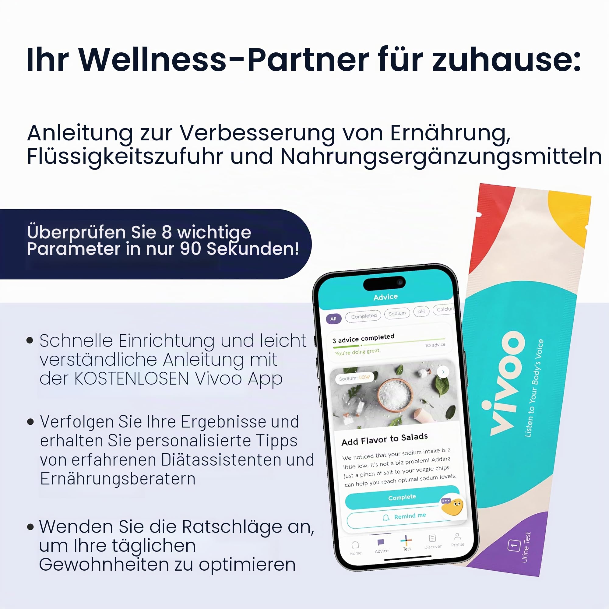 Vivoo 2.0 | Fortschrittliche Urinteststreifen mit 9 Parametern und App | Personalisiertes Heimmessgerät für Ketone, pH, Natrium, Hydratation, Magnesium, Kalzium und mehr | 6 Monate / 24 Tests