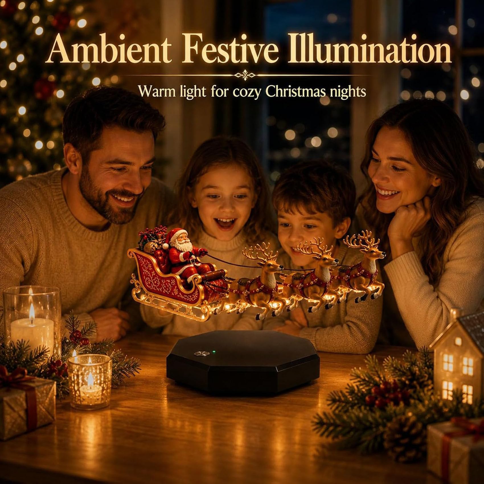 Decorazione natalizia con slitta di Babbo Natale a levitazione magnetica