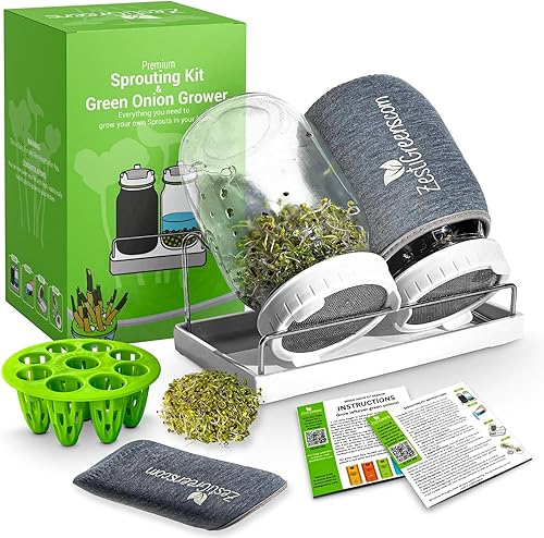 Premium Sprouts Growing Kit & Green Onion Regrower with 2 Mason Jars & Superior Sprout lids. Perfect Sprouter Set for Growing Broccoli, Alfalfa &