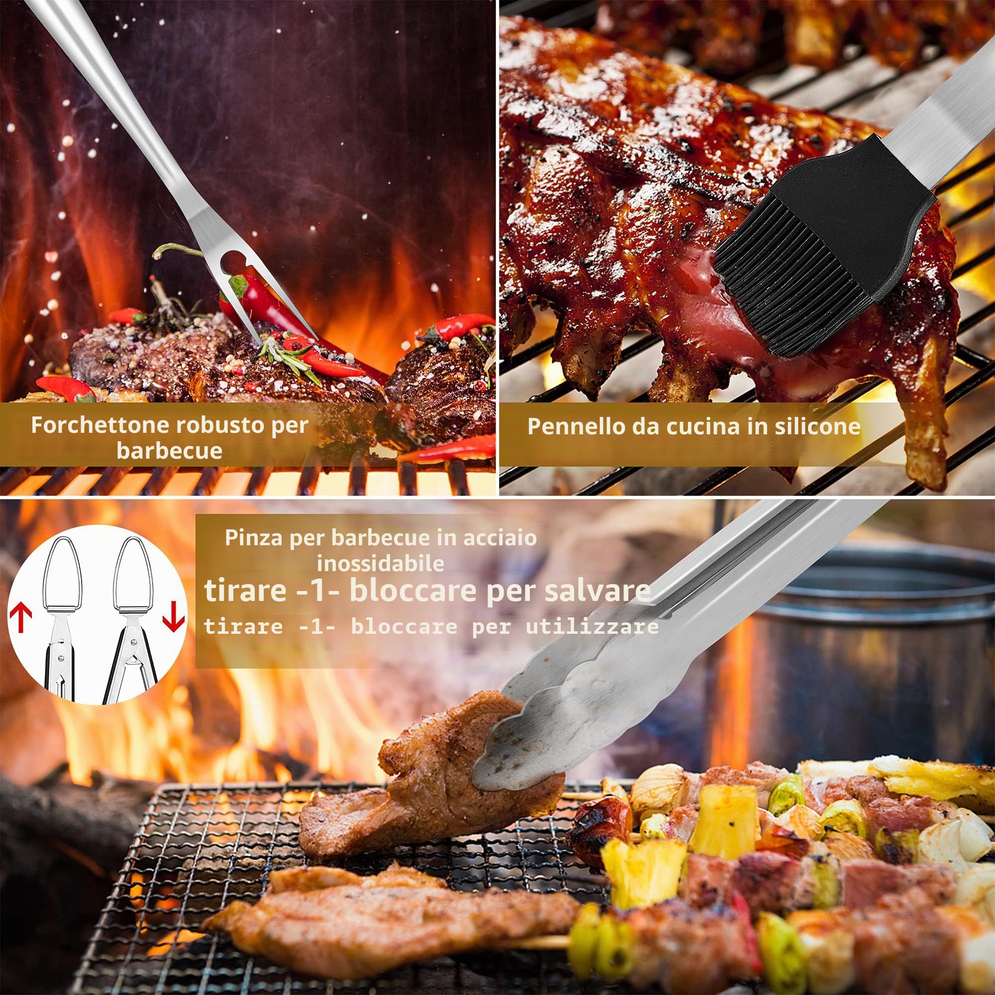 Herogo Set di 6 posate per barbecue, in acciaio inox, con borsa il trasporto, set utensili da barbecue pinza, forchetta, spazzola accessori uomini, regalo Natale