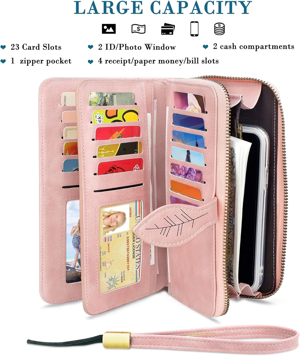 CONISY Womens Wallets Large Capacity, Multi Card Slots Clutch Long Wallet for Women with RFID Blocking (Pink) - Image 2