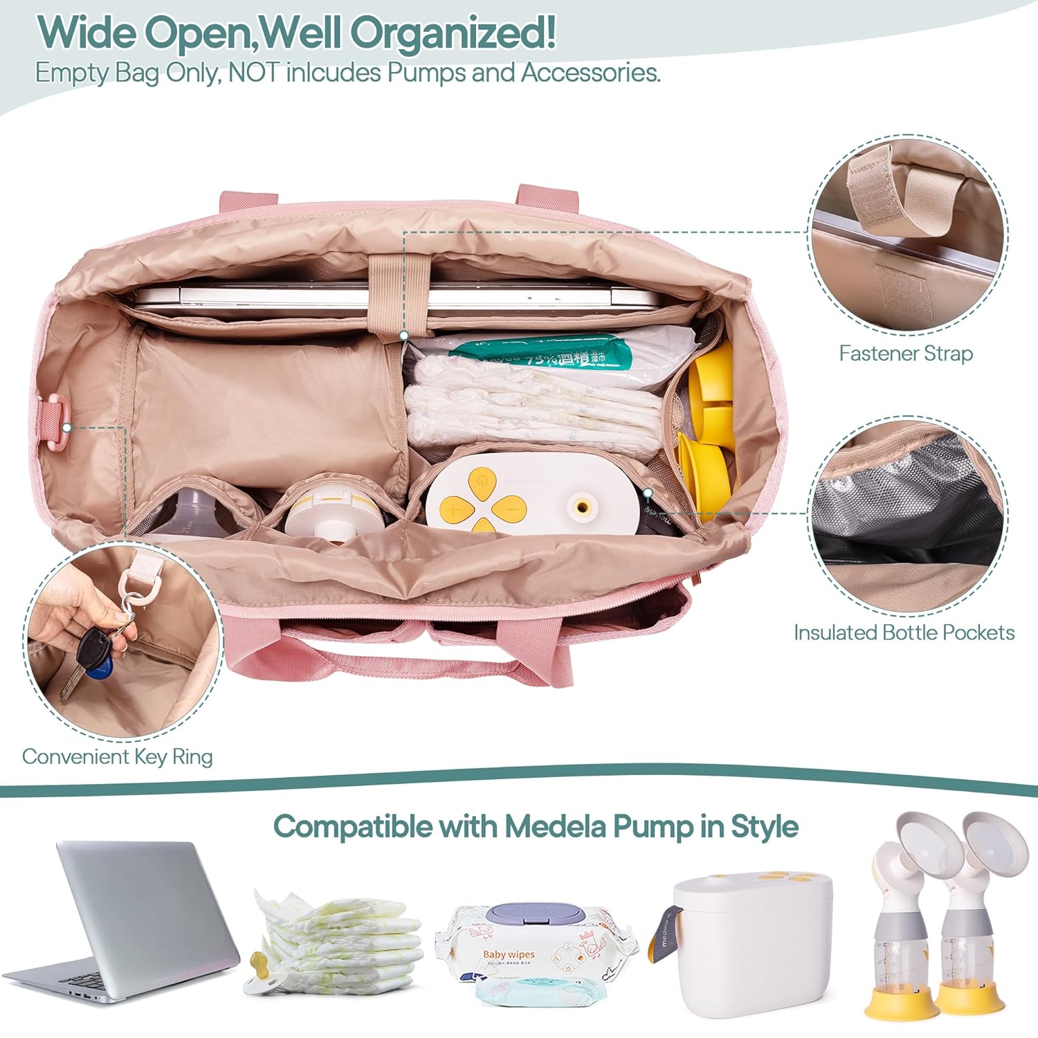Fasrom Wearable Breast Pump Tote Bag Compatible with Medela Pump in Style and Accessories, Pumping Bag with 15.6” Laptop Sleeve for Work Moms to Carry Pump Parts, Pink (Patent Design, Empty Bag Only)