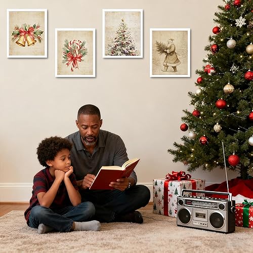 Miniatura 2 de JINYO Juego de 4 impresiones artísticas vintage de Navidad, diseño retro rústico de árbol de Navidad, Papá Noel, campana, bastón de caramelo,
