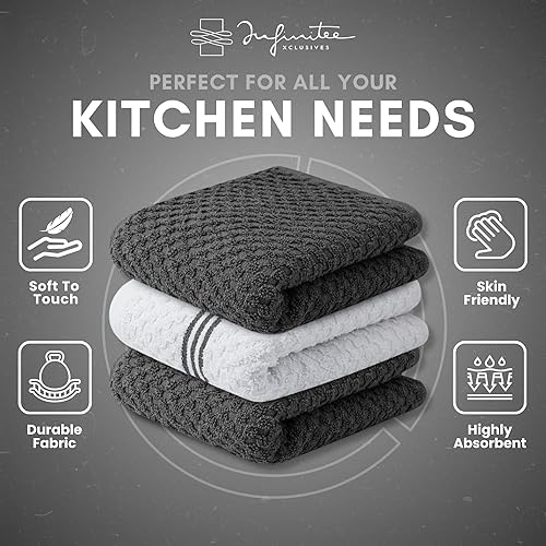 Miniatura 5 de Infinitee Xclusives Toallas de cocina de alta calidad, paquete de 3, 100% algodón, 15 x 25 pulgadas, absorbentes, paños de cocina de rizo, paño gris