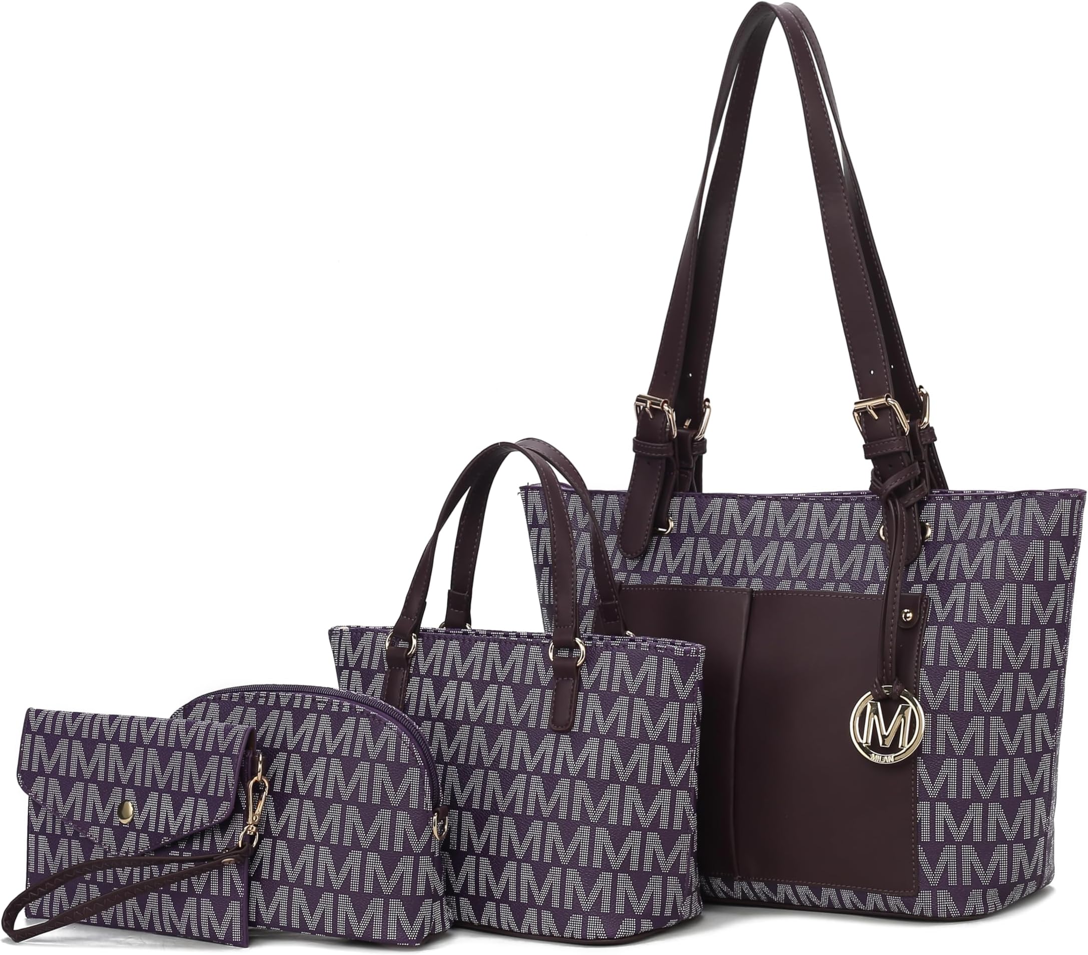 MKF Collection 女性用トートバッグ、ショルダーハンドバッグ&リストレットポーチパーストップハンドルヴィーガンレザー4枚セット手帳