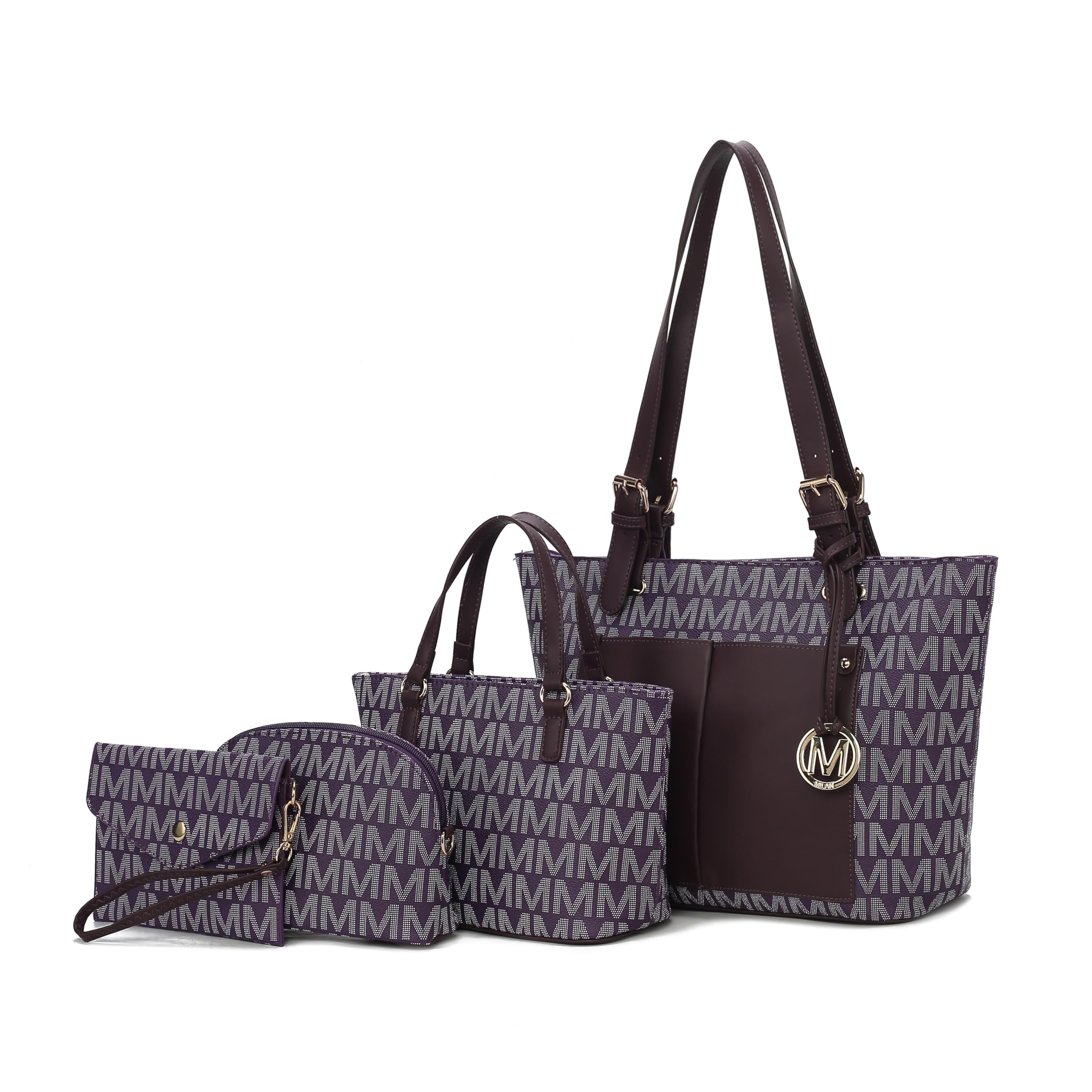 MKF Collection 女性用トートバッグ、ショルダーハンドバッグ&リストレットポーチパーストップハンドルヴィーガンレザー4枚セット手帳