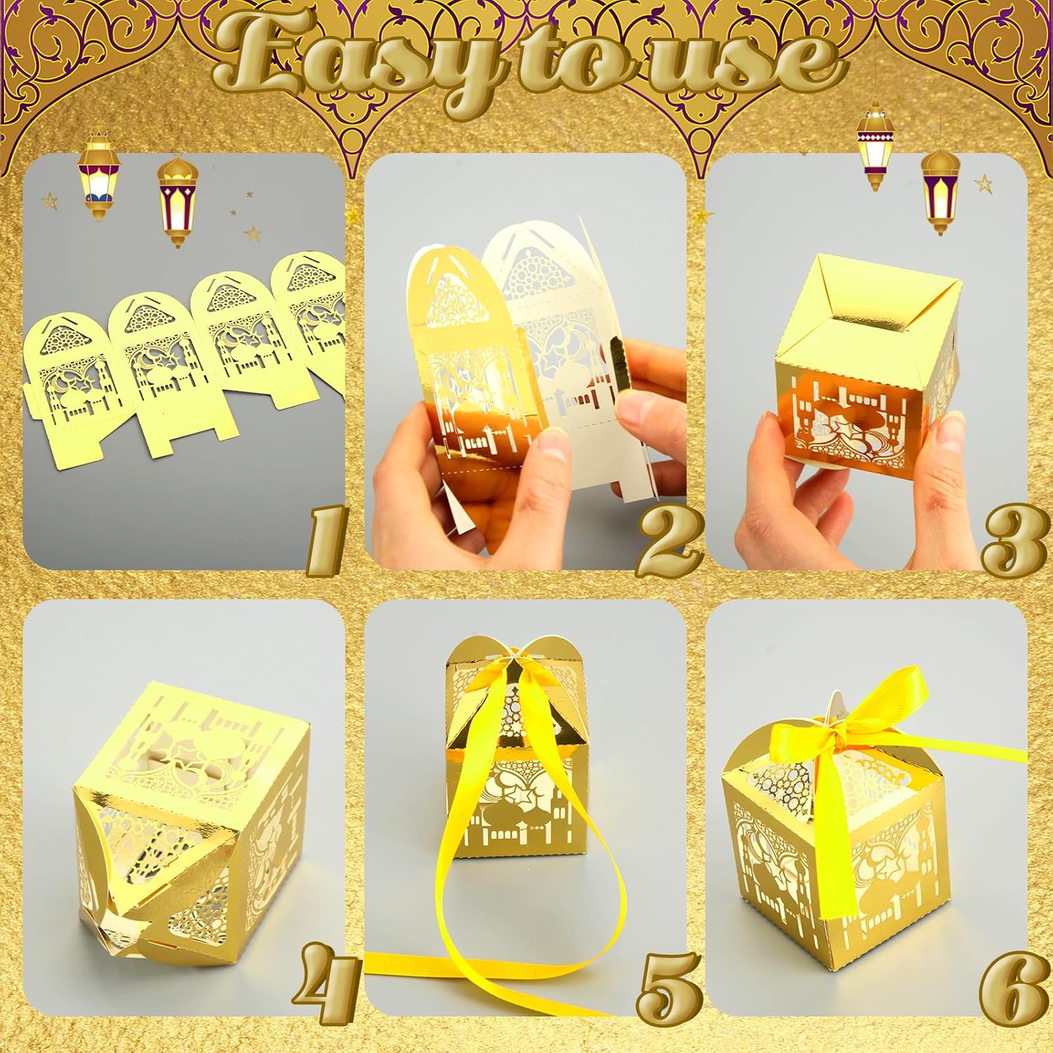 ReliThick 50 Pcs Ramadan Eid Mubarak Candy Box Set Ramadan Gift Boxes with Ribbons Muslim Party Favor Boxes Paper Thank You Gift Box for Eid Islamic Party Birthday Decorations(Castle) - Image 3