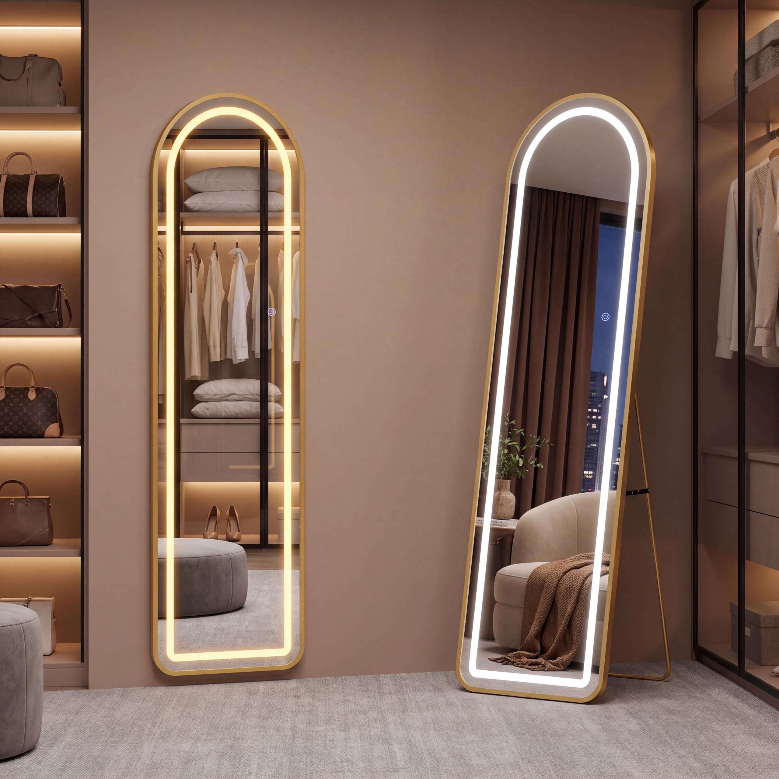 Miroir sur Pied avec LED 150 x 40 cm,Miroir Pleine Longueur Moderne,Cadre en Alliage d’Aluminium, Verre Trempé, pour Chambre à Coucher, Salon,Doré