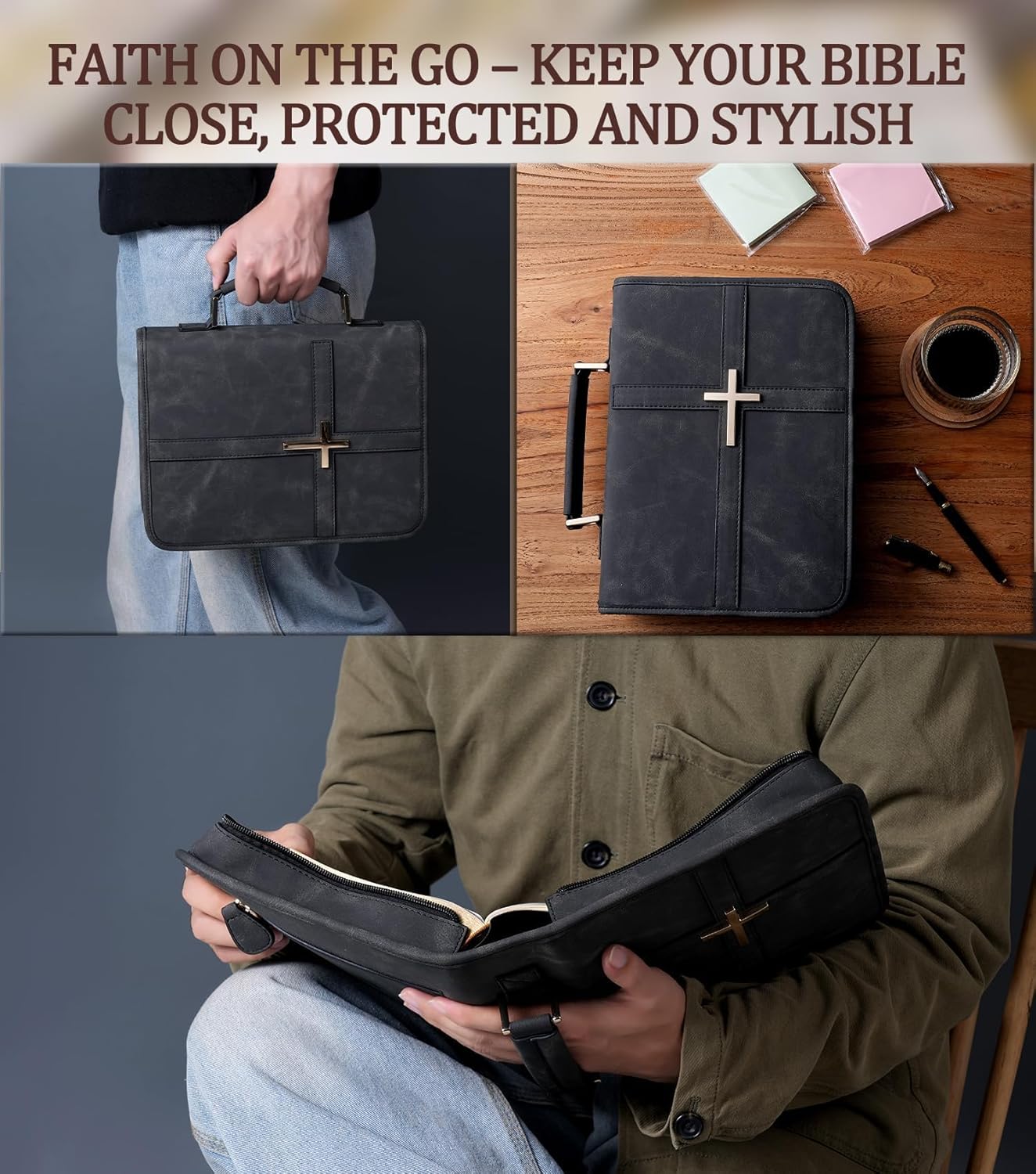 Vegan Leather Bible Cover Case, Bible Bag with Phone Pocket, Bible Case for Men Women, Christian Gift Box Packaging (Black)