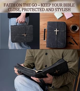 Vegan Leather Bible Cover Case, Bible Bag with Phone Pocket, Large Bible Case for Men Women, Christian Gift Box Packaging (Black)