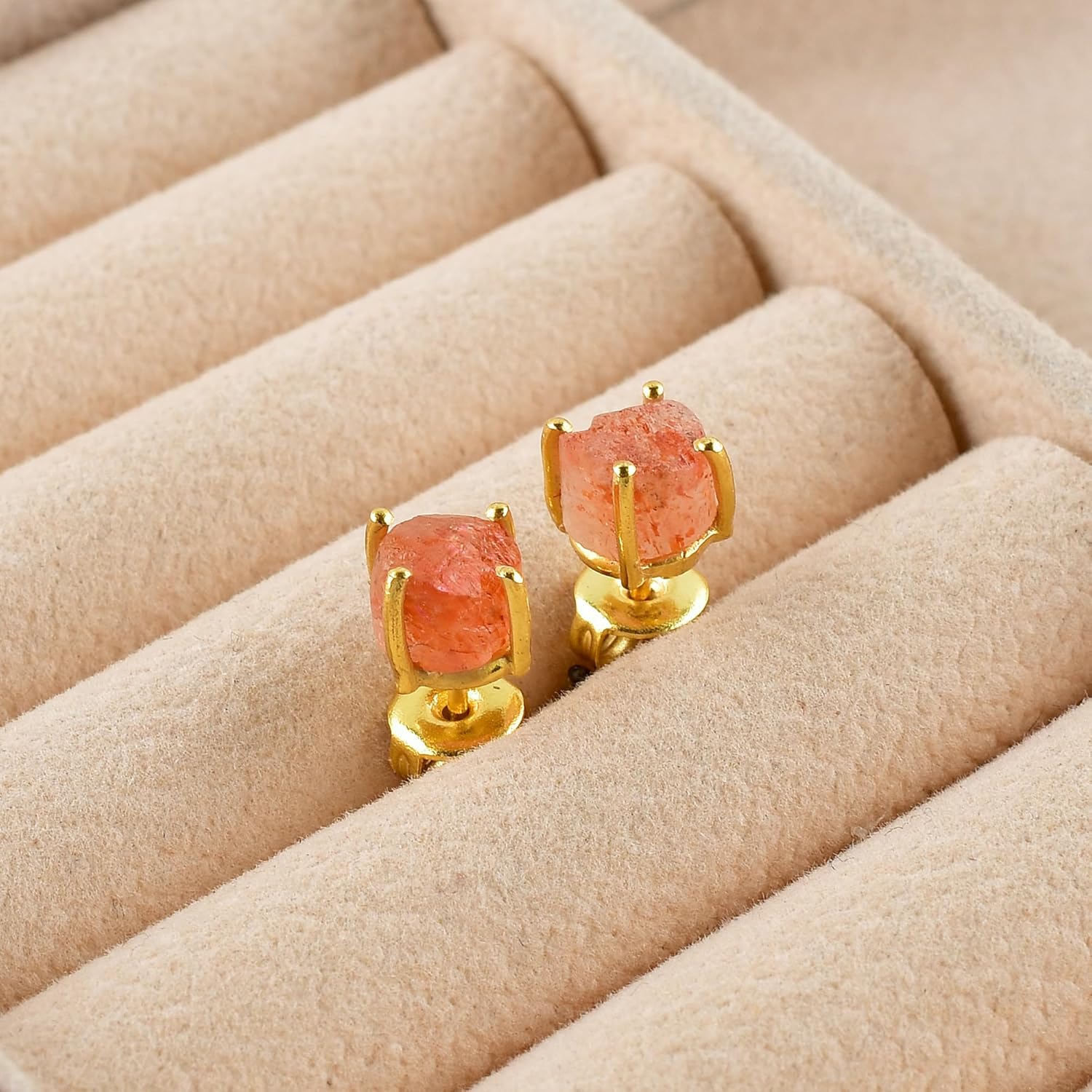 Raw Gold Stud Earrings For Women Natural Gemstone Dainty Pair, Birthstone Energy Crystals Jewelry 14K Gold Plated Flat Back Earrings Trendy Gifts For Mom