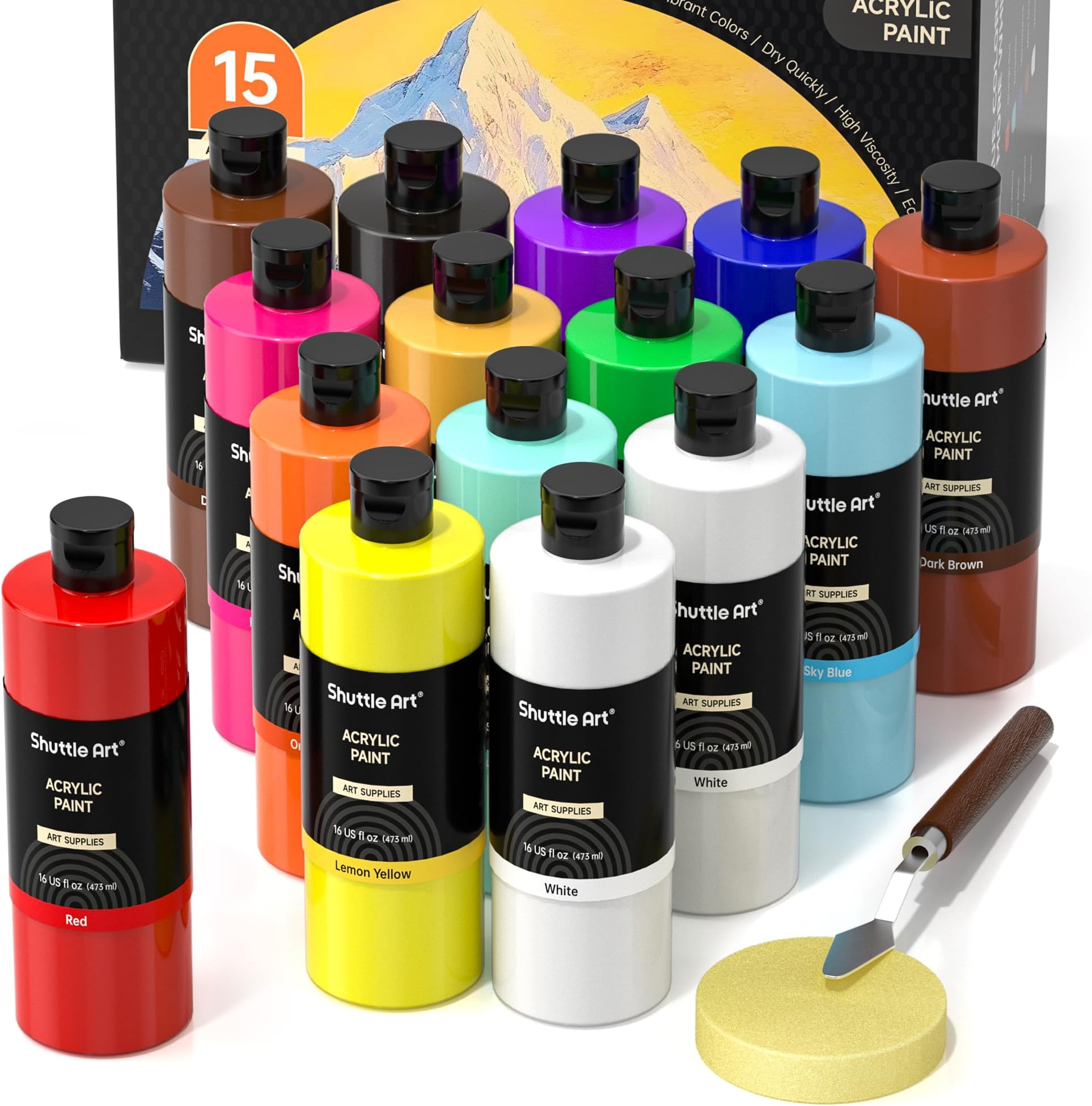 Shuttle Art Acrylic Paint Set, 15 Pack Acrylic Paint Large Bottle Set, 473ml/16oz Each, 14