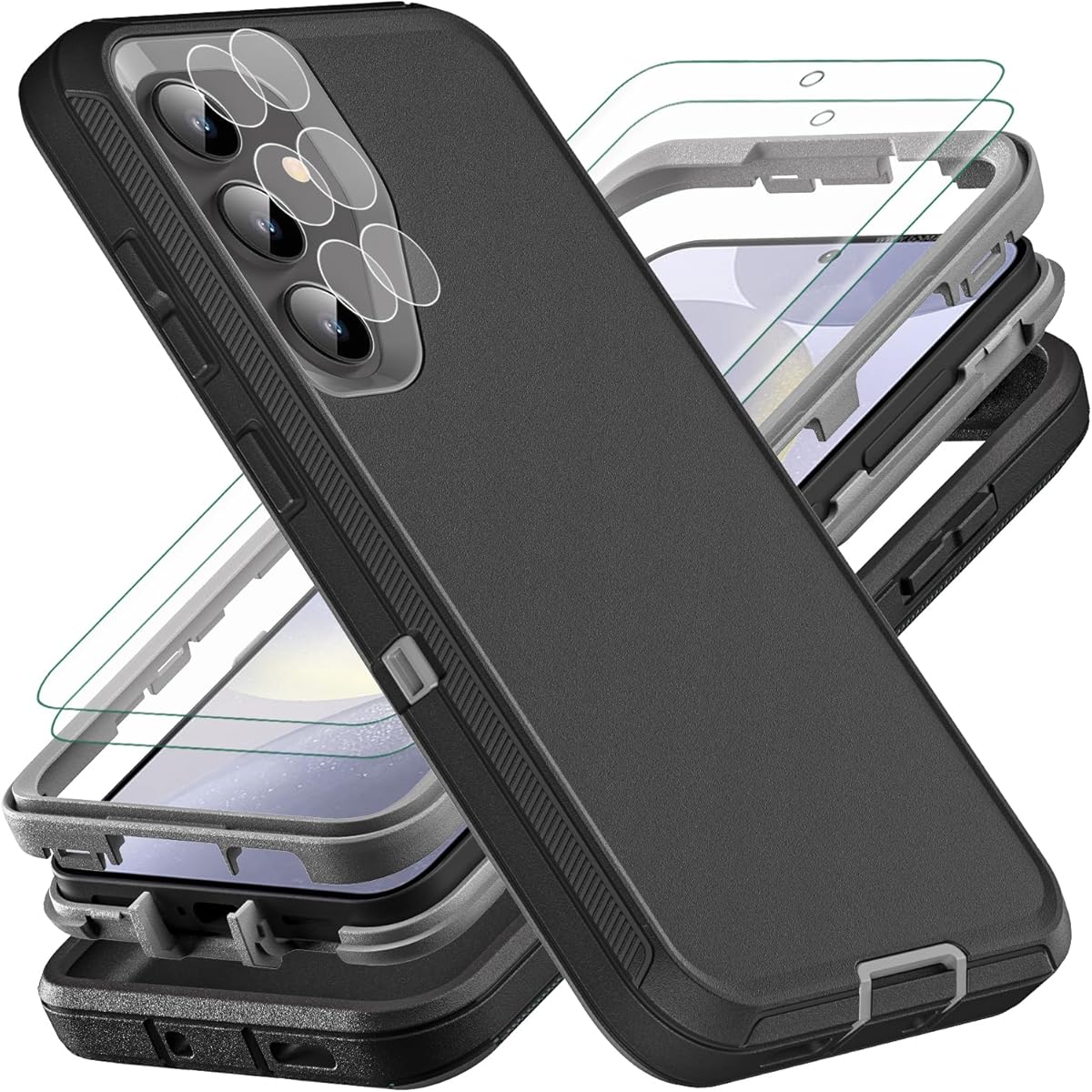 for Samsung Galaxy S24 Plus Case, with 2Pcs [Self Healing Flexible TPU Screen Protector & Camera Lens Protector] Military Grade 3 in 1 Heavy Duty Case for S24 Plus (Black/Grey)