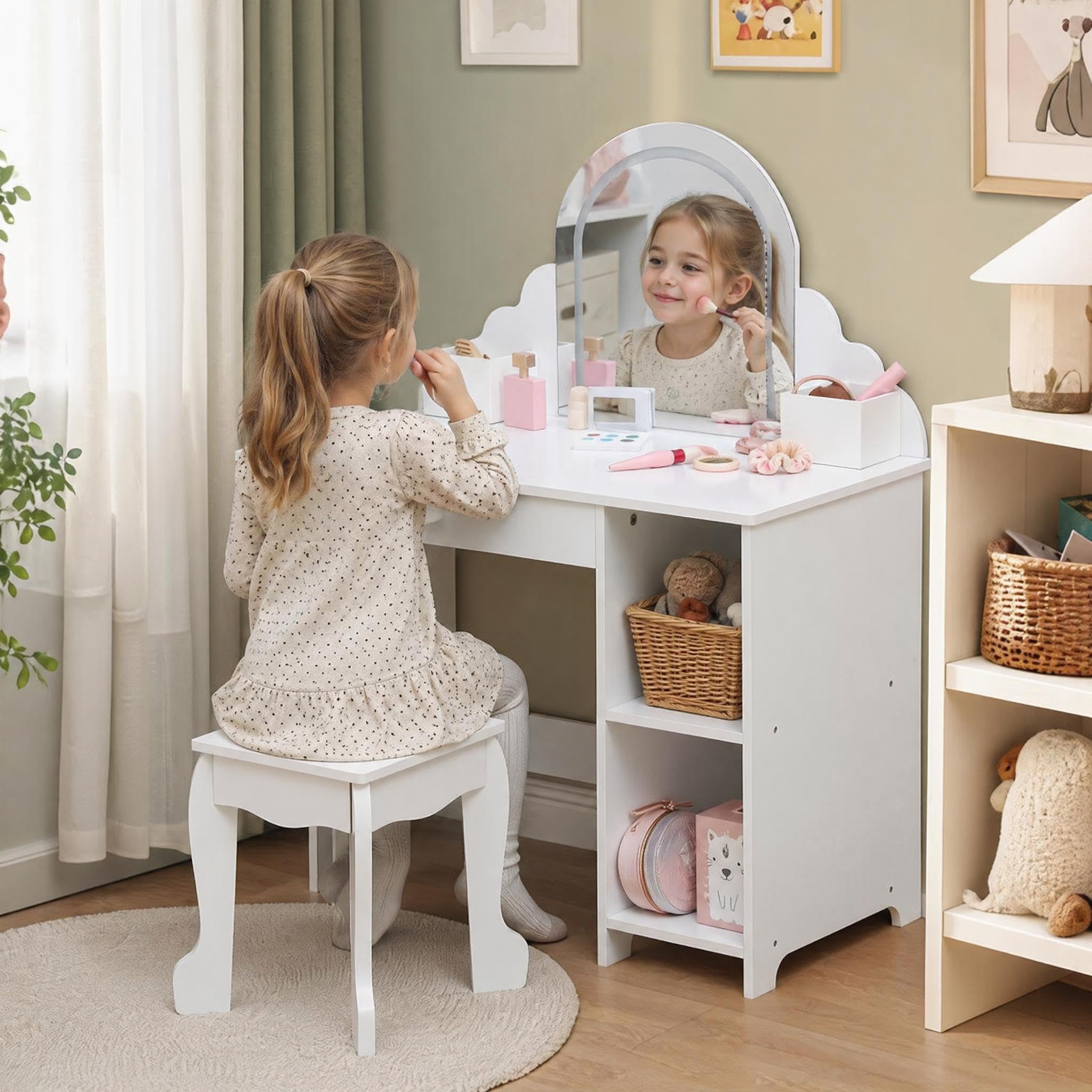 Kinderschminktisch mit Spiegel und Hocker, Robustes Holz Schminktisch Mädchen mit Beleuchtung & Spielzeug-Schminkset, Wellenrand Kosmetiktisch Kinder Möbel 3-9 Jahre, Weiß