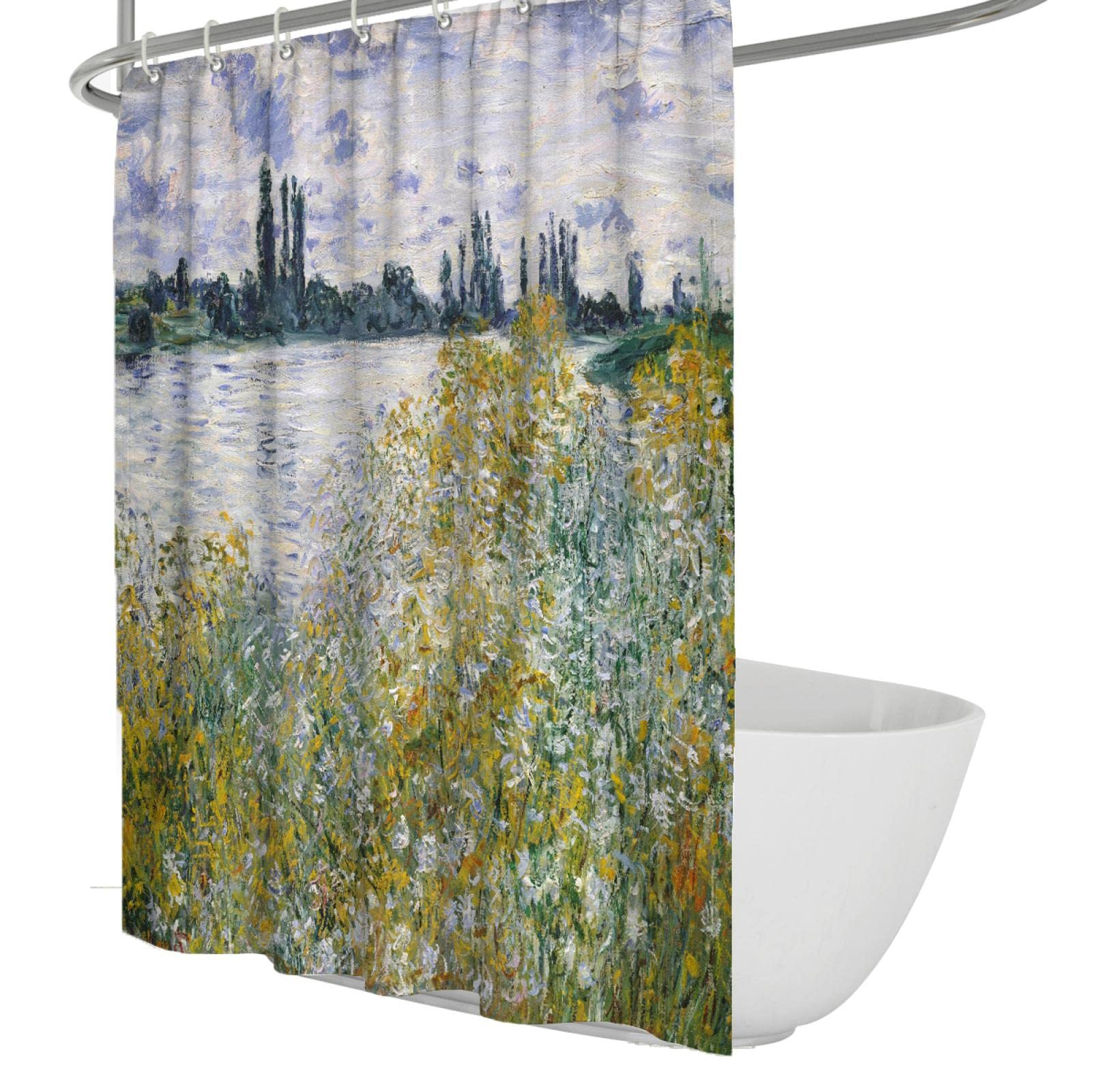 Claude Monet Rideau de Douche de Peinture à l’Huile Vintage avec 12 Crochets Ourlet lestimatif imperméable à l’Eau Hazy Lakeside Prints pour décor de Salle de Bain 200x240cm